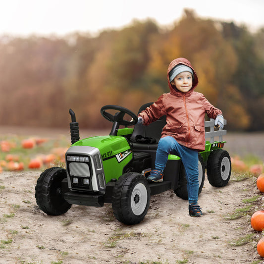 HOMCOM Electric Ride on Tractor with Detachable Trailer, 12V Kids Battery Powered Electric Car with Remote Control, Music Start up Sound and Horn, Lights, for Ages 3-6 Years - Green