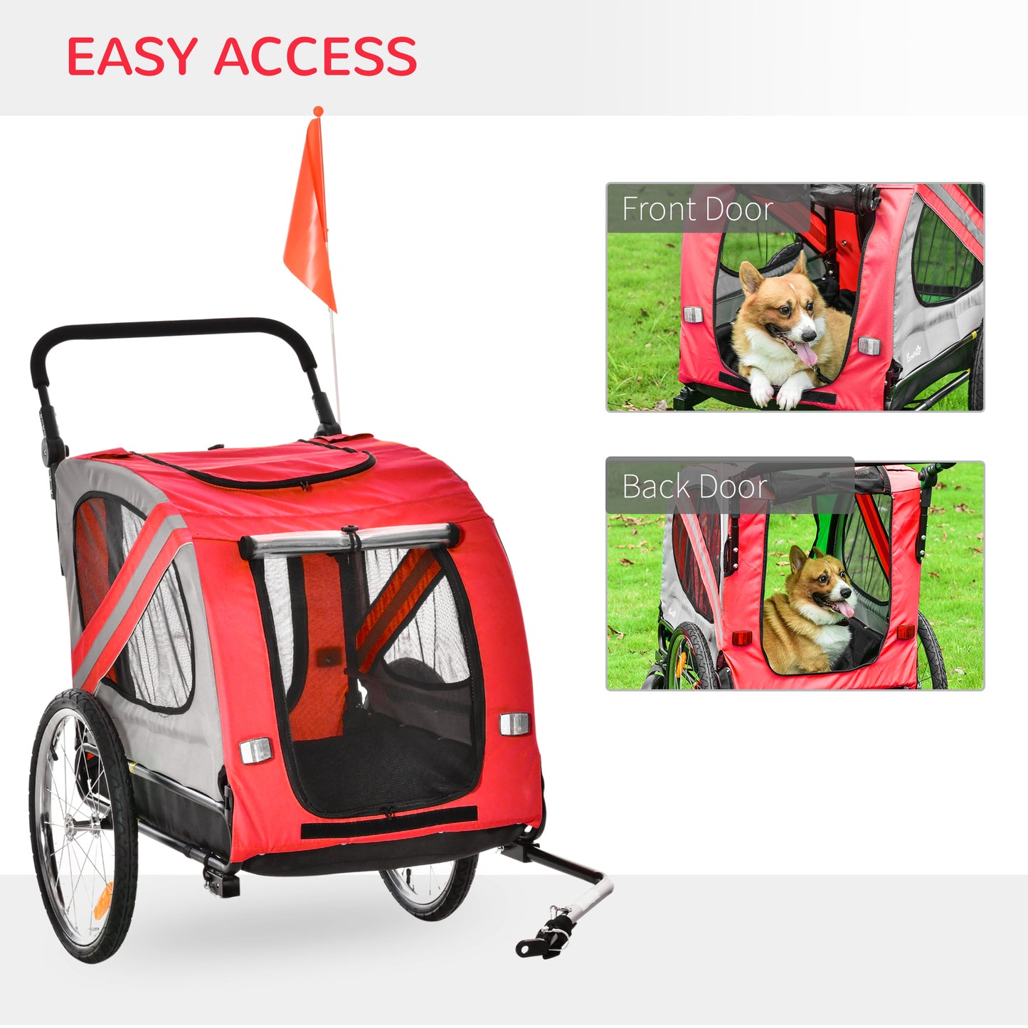 PawHut Dog Bike Trailer 2-in-1 Pet Stroller Cart Bicycle Carrier Attachment for Travel in steel frame with Universal Wheel Reflectors Flag Red w/