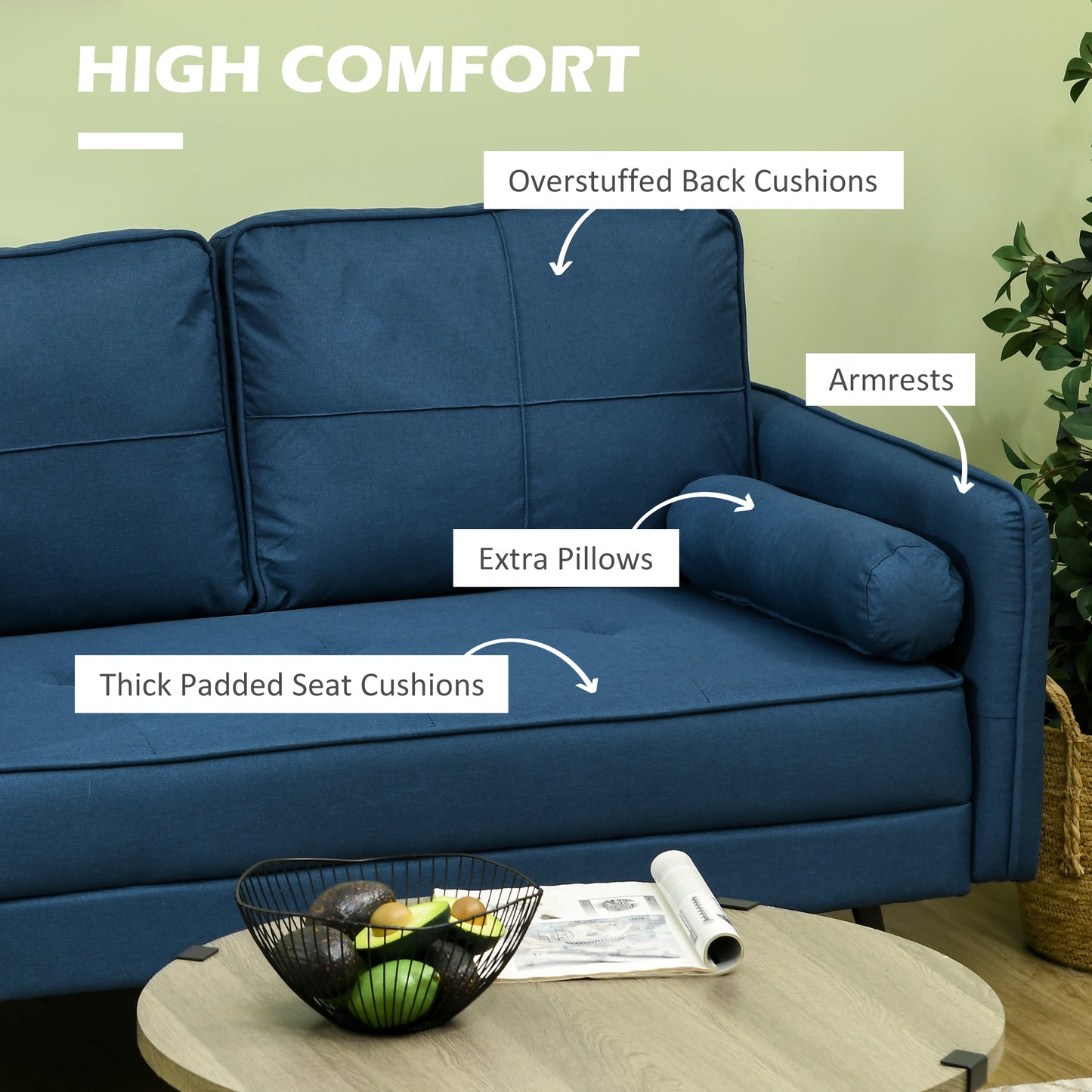 HOMCOM 143cm Loveseat Sofa for Bedroom Upholstered 2 Seater Sofa with Back Cushions and Pillows Blue