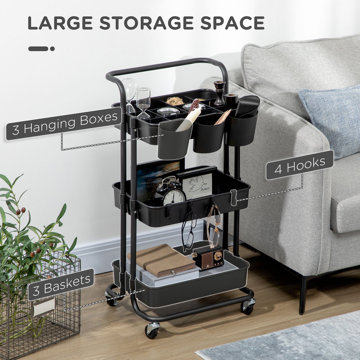 HOMCOM 3 Tier Utility Rolling Cart, Kitchen Cart with 3 Removable Mesh Baskets, 3 Hanging Box, 4 Hooks and Dividers for Living Room, Laundry Black