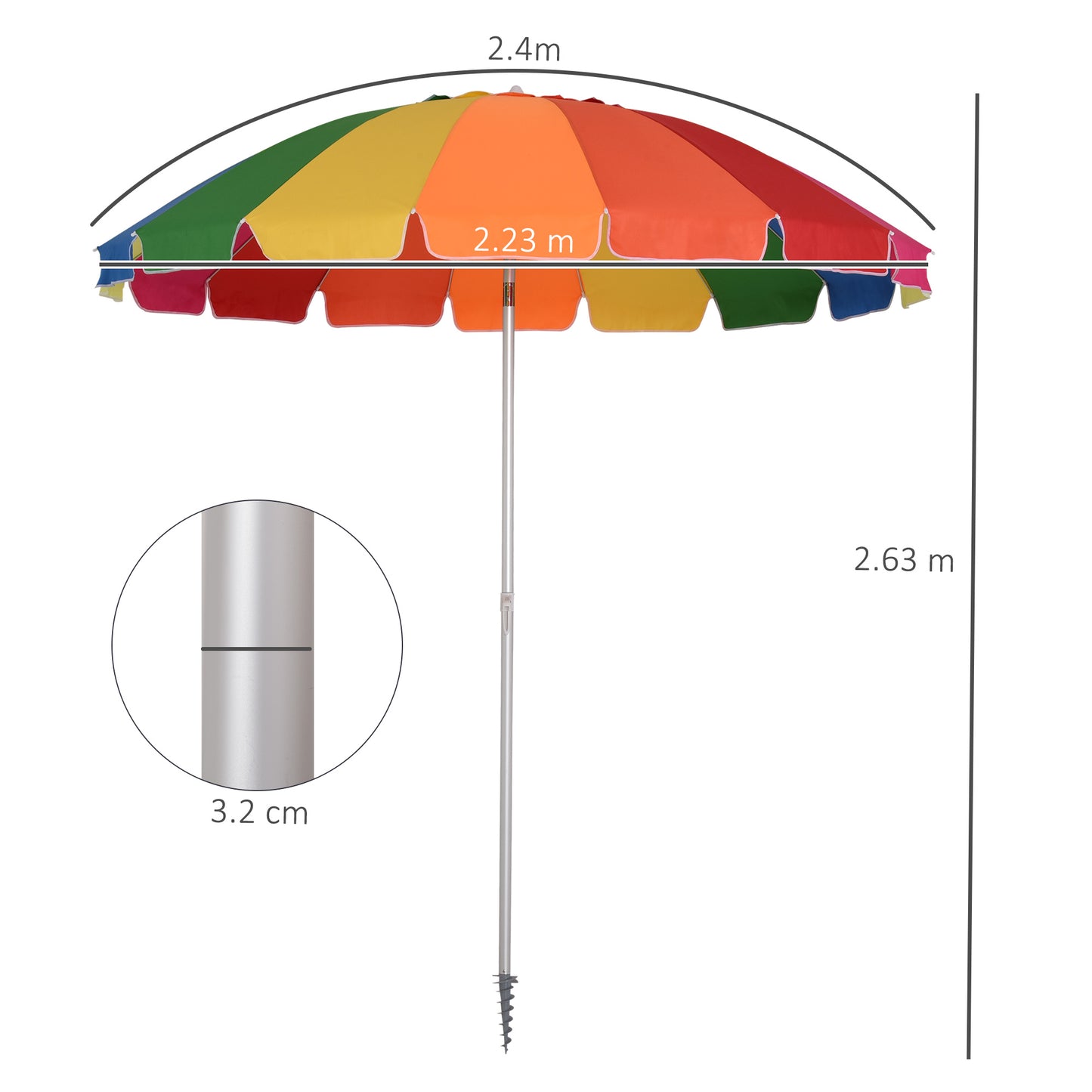 Outsunny Arc. 2.4m Beach Umbrella w/ Sand Anchor Adjustable Angle Carry Bag Multicolor