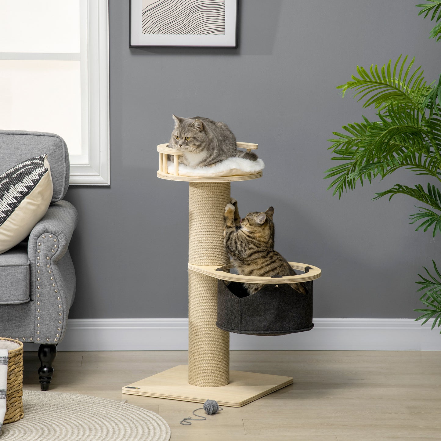 PawHut 84cm Cat Tree, Kitty Activity Center with Hammock & Bed, Cat Tower with Jute Scratching Post, Natural