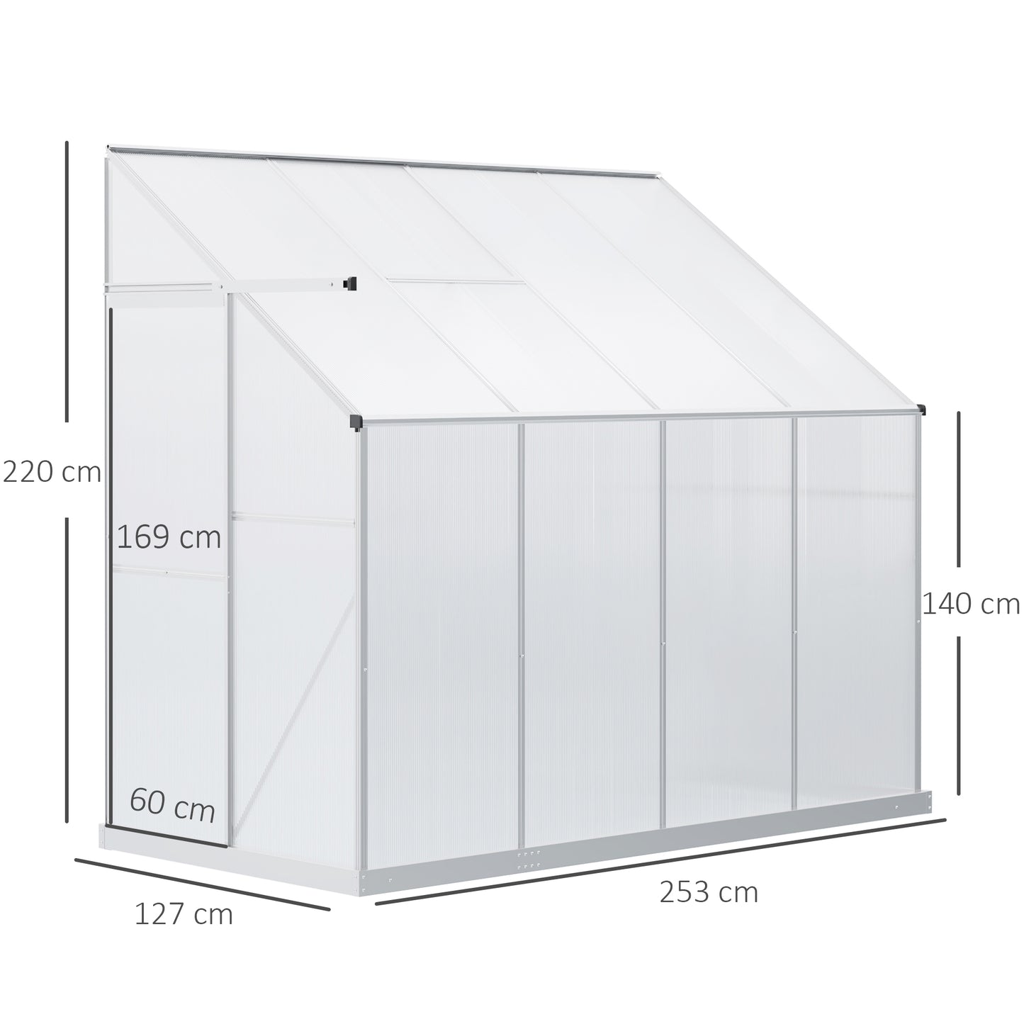 Outsunny Walk-In Lean to Greenhouse Garden Heavy Duty Aluminium Polycarbonate with Roof Vent for Plants Herbs Vegetables, Silver, 253 x 127 x 220 cm