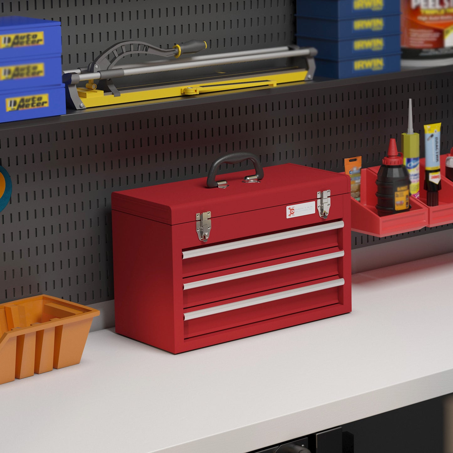 DURHAND Lockable Metal Tool Box 3 Drawer Tool Chest with Latches Handle Ball Bearing Runners Red