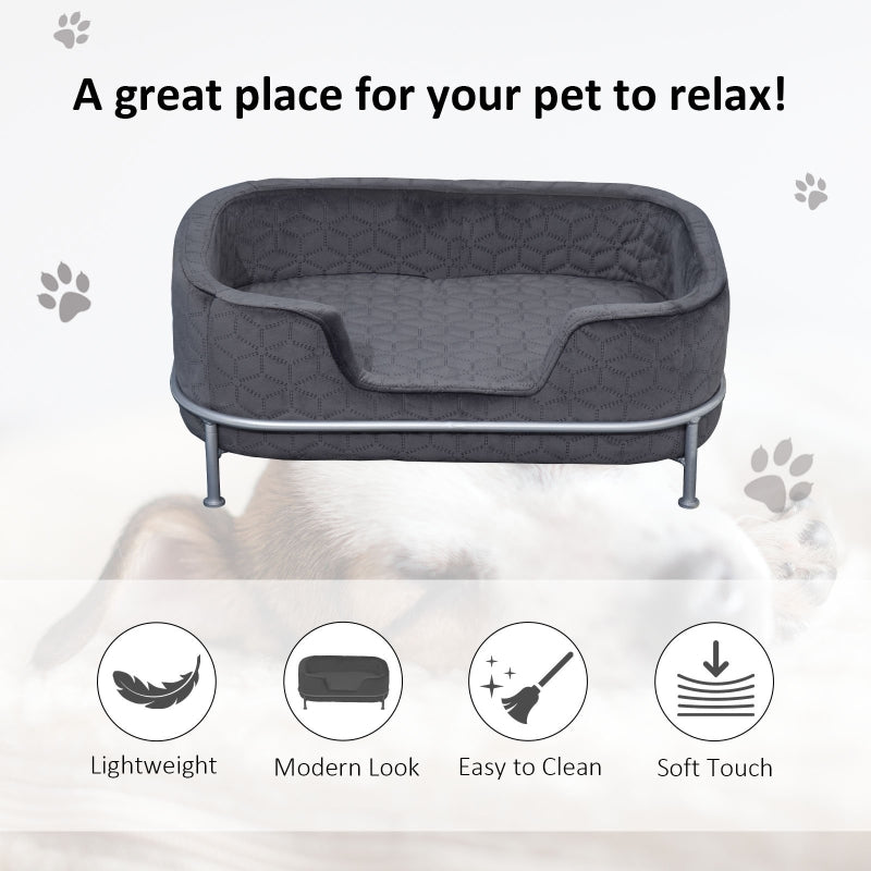 PawHut Pet Sofa Couch, Dog Bed, Cat Lounger, with Metal Base Removable Cushion Modern Furniture for Small Dogs, 63.5 x 43 x 24.5cm, Grey