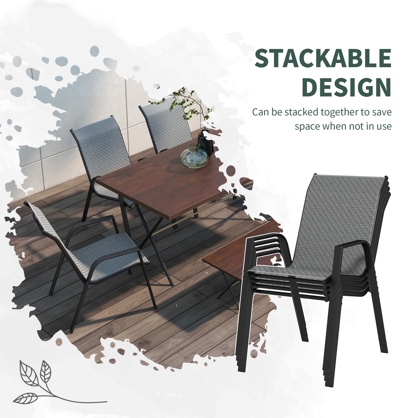 Outsunny Stackable Outdoor Rattan Chairs Set of 4 with Armrests and Backrest, Grey