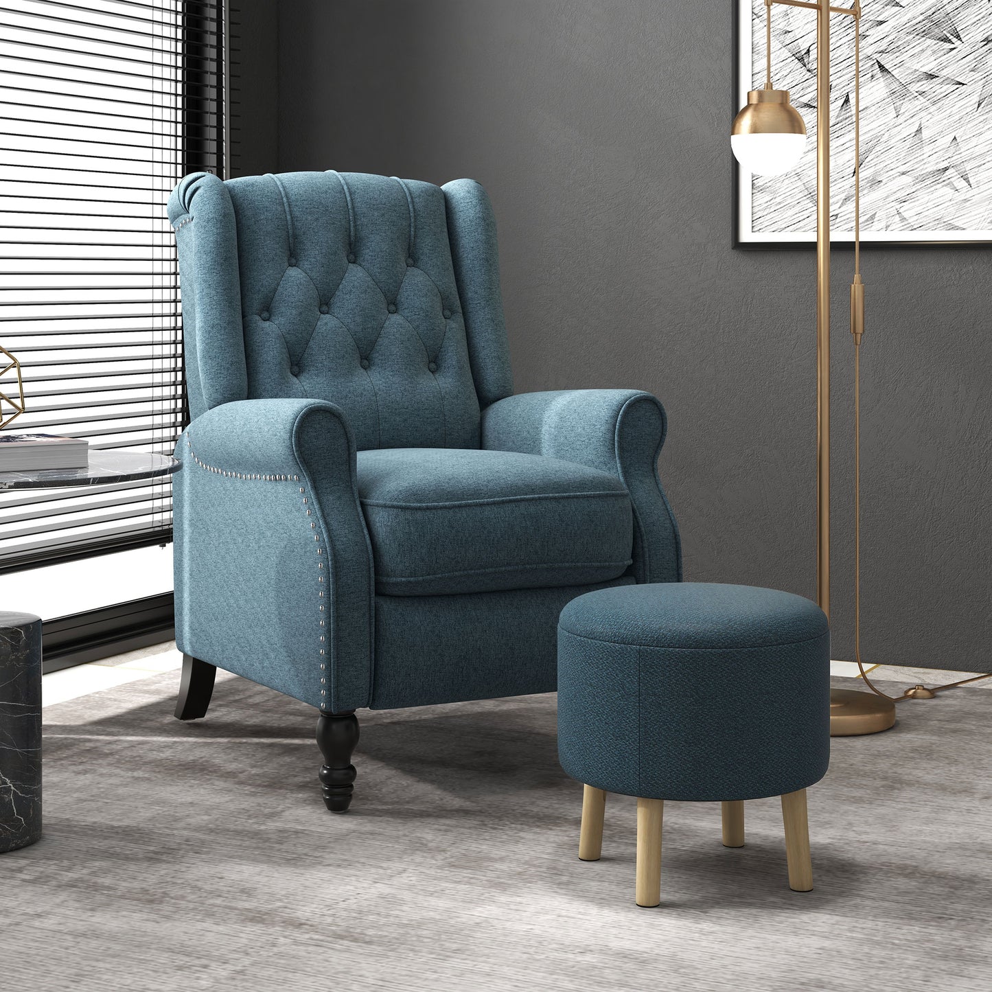 HOMCOM Round Ottoman Stool with Storage, Linen Fabric Upholstered Foot Stool with Padded Seat, Hidden Space and Wood Legs