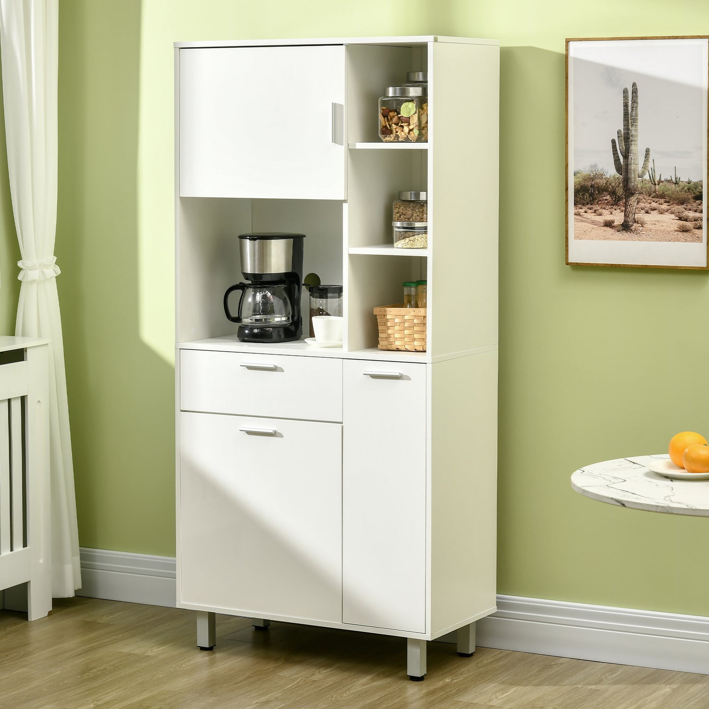 HOMCOM 166cm Modern Freestanding Kitchen Cupboard, Storage Cabinet with Shelves and Drawer, White