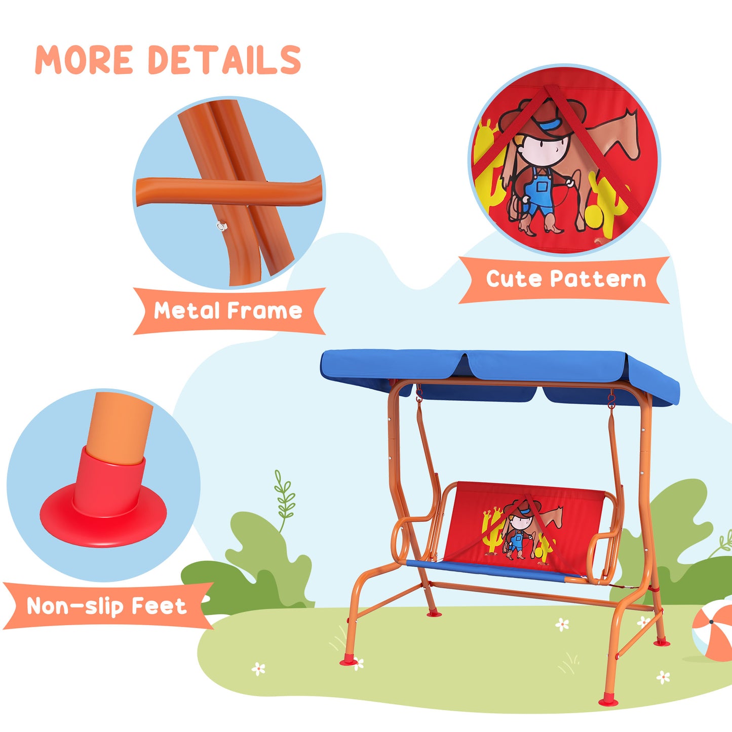 Outsunny Two Seater Kids Garden Swing, Cowboy Themed kids Swing Chair with Adjustable Canopy, Safety Belts for Outdoor Use