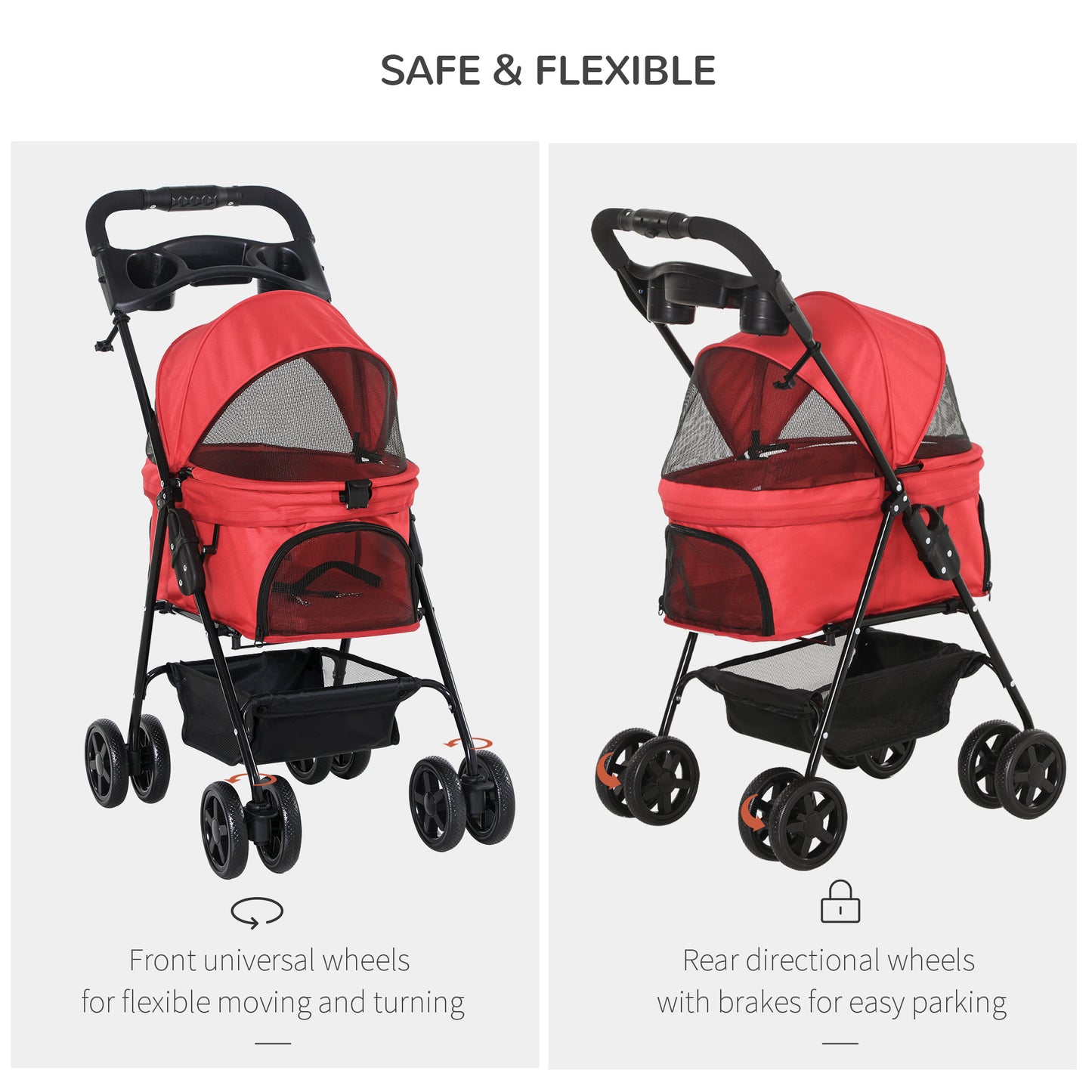 PawHut No-Zip Pet Stroller Dog Cat Travel Pushchair One-Click Fold Trolley Jogger with EVA Wheels Brake Basket Adjustable Canopy Safety Leash Red Foldable Carriage