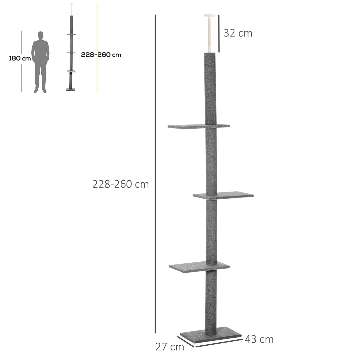 PawHut 260cm Floor To Ceiling Cat Tree w/ 3 Perches Activity Center for Kittens Cat Tower Furniture Grey