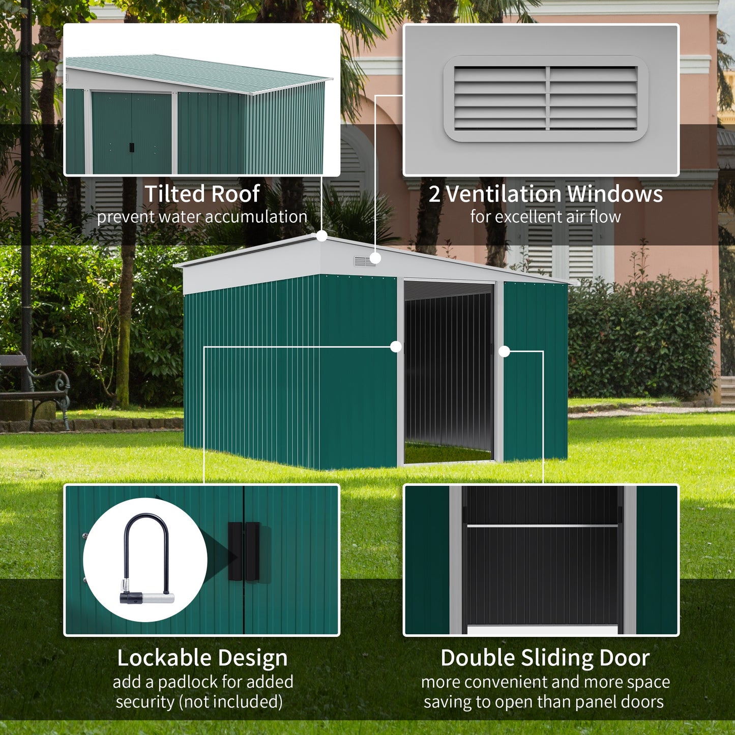 Outsunny Garden Metal Storage Shed Outdoor Metal Tool House with Double Sliding Doors and 2 Air Vents 11.3x9.2ft Green