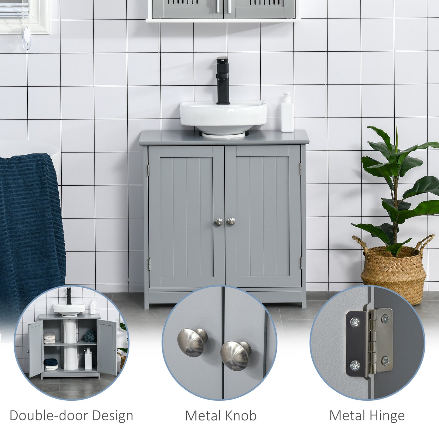 kleankin 60x60cm Under-Sink Storage Cabinet w/ Adjustable Shelf Handles Drain Hole Bathroom Cabinet Space Saver Organizer Grey Handle