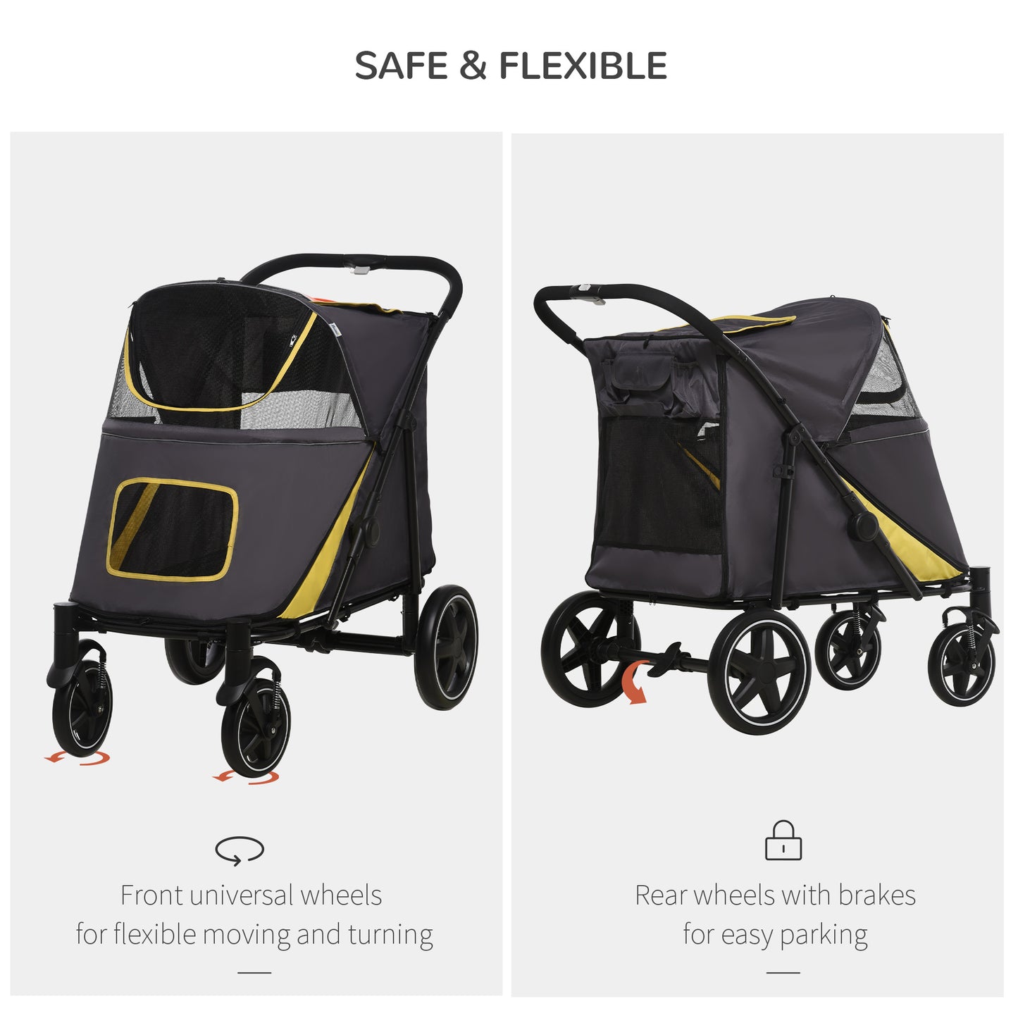 PawHut Pet Stroller with Universal Front Wheels, Shock Absorber, One Click Foldable Dog Cat Carriage with Brakes, Storage Bags, Mesh Window, Safety Leash for Large & Medium-sized Dogs, Dark Grey