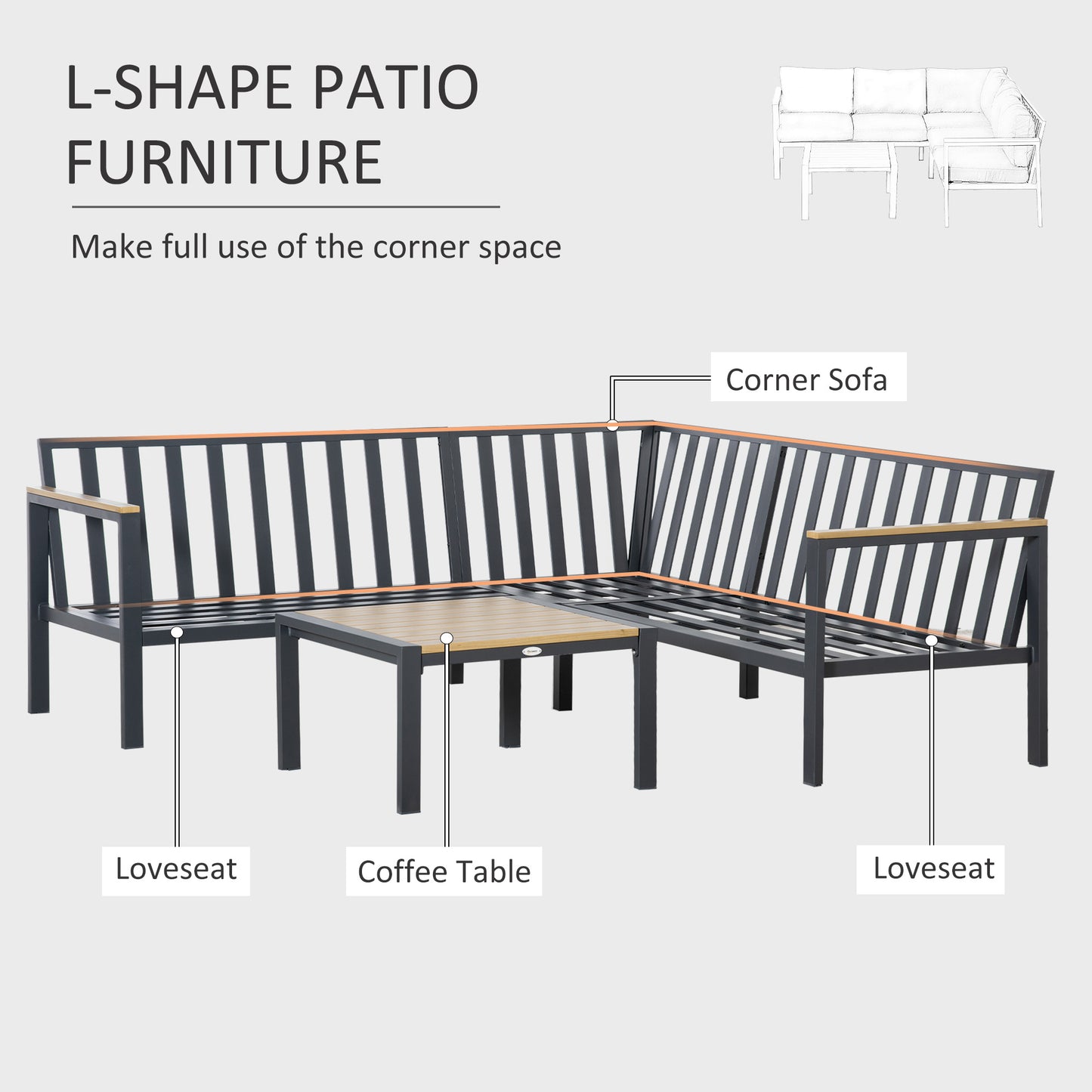 Outsunny 5 Seater L Shape Aluminium Garden Furniture Corner Sofa Set with Coffee Table, Outdoor Conversation Furniture Set w/ Cushions, Dark Grey