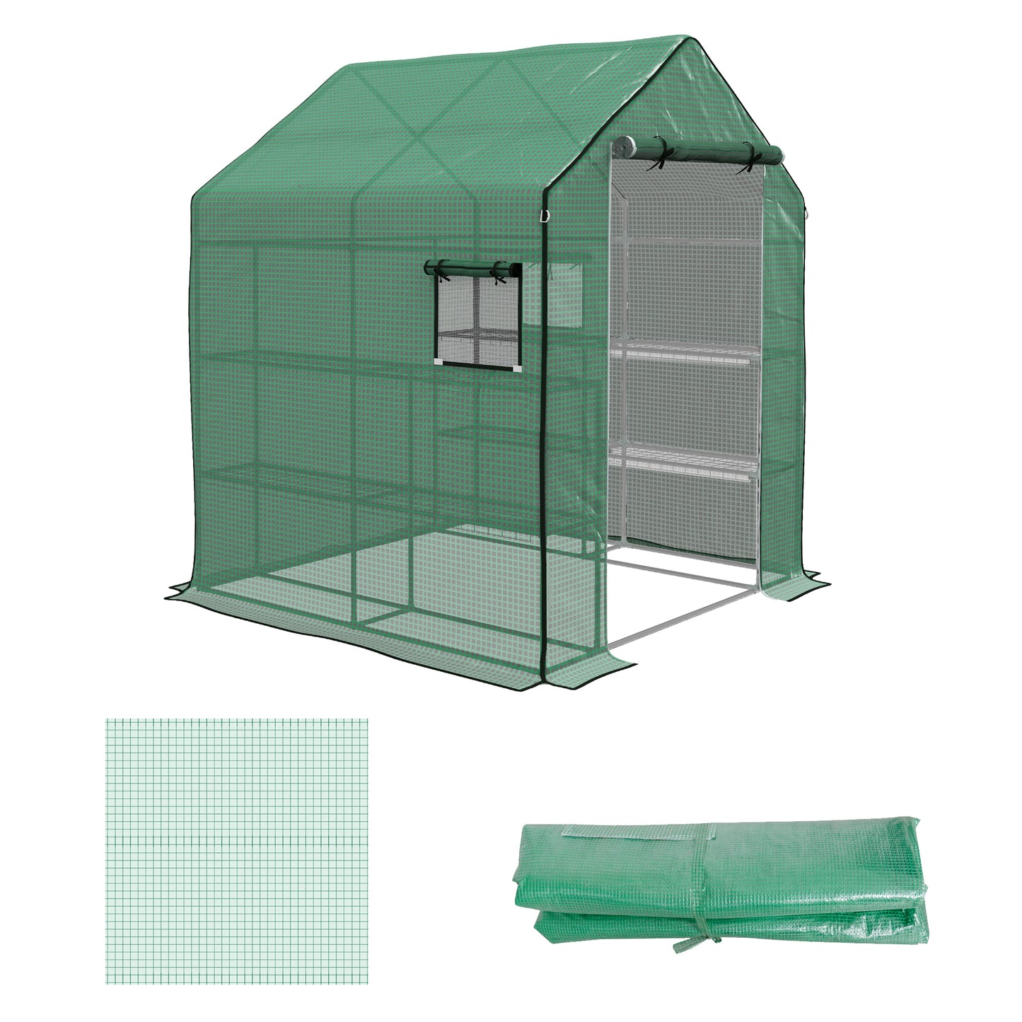 Outsunny Greenhouse Cover Replacement Walkin PE Hot House Cover with Rollup Door and Windows 140 x 143 x 190cm Green