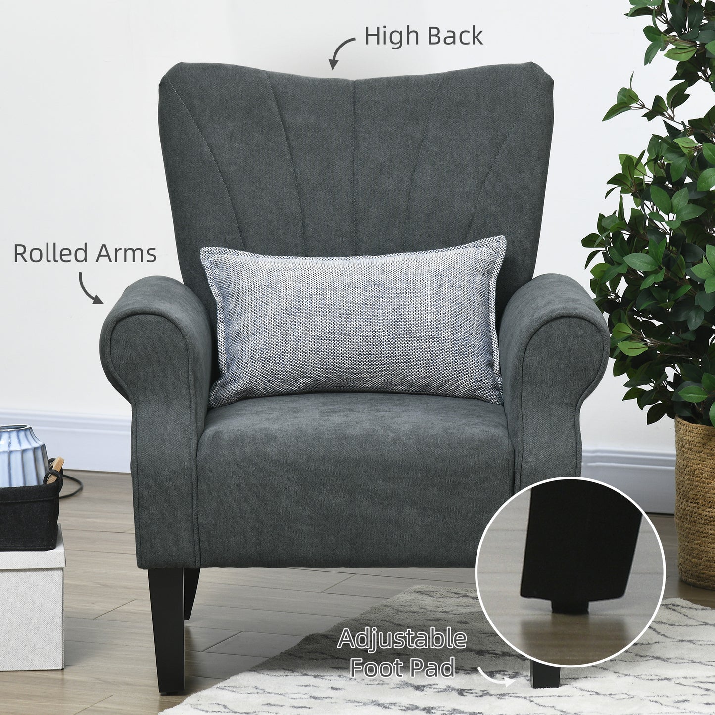 HOMCOM Upholstered Accent Chair with High Back Rolled Arms and Wood Legs Soft Thick Padded Armchair Grey