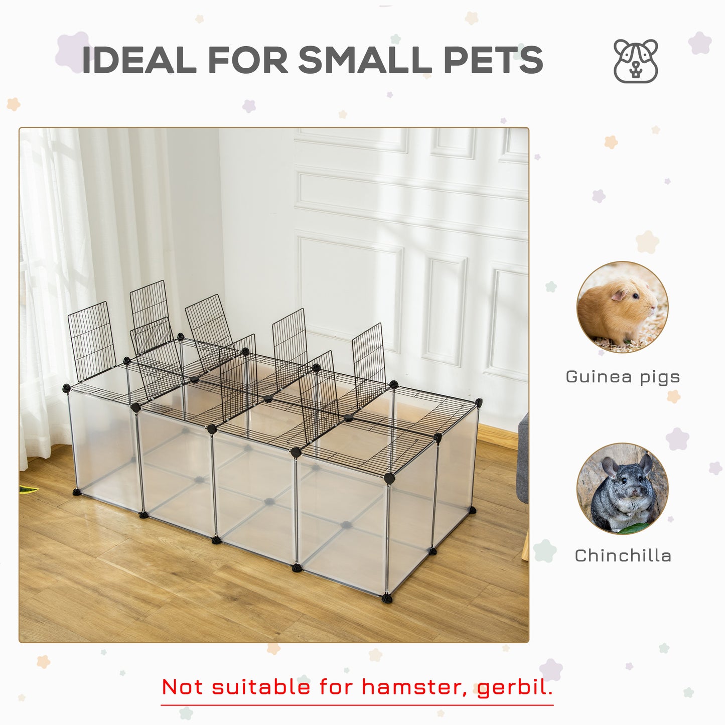 PawHut Pet Playpen with Door, Guinea Pigs Metal Mesh Cage, Customizable Fence for Small Animal, Chinchilla, for Indoor and Outdoor Use, with Mallet, 140 x 70 x 45 CM, Clear Cage