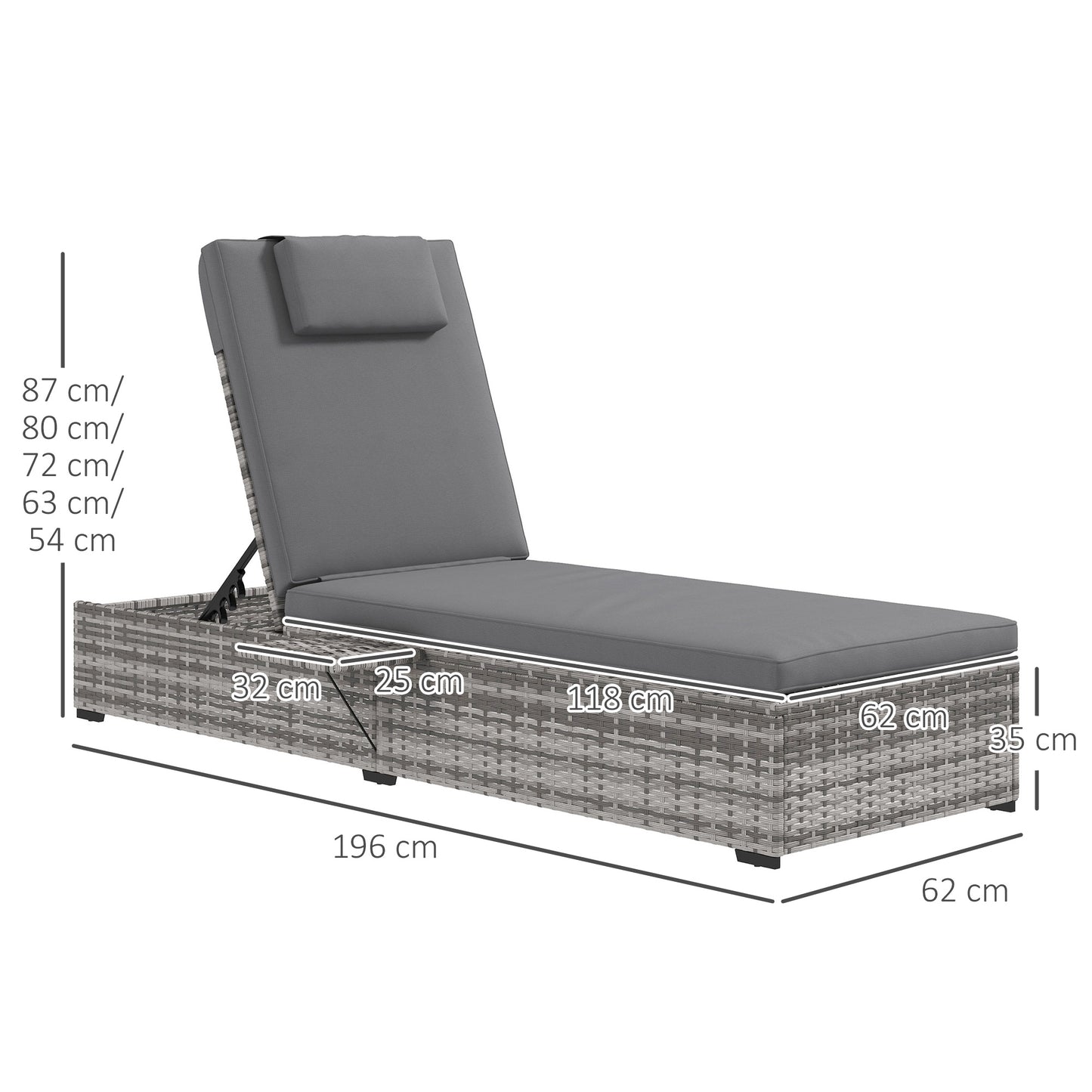 Outsunny Patio PE Rattan Lounger w/ Cushion, 5-Level Reclining Wicker Rattan Sun Lounger w/ Tea Tray, for Poolside, 120kg Weight Capacity, Grey