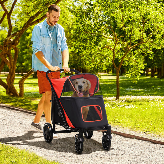 PawHut Pet Stroller with Universal Front Wheels, Shock Absorber, One Click Foldable Dog Cat Carriage with Brakes, Storage Bags, Mesh Window, Safety Leash for Large & Medium-sized Dogs, Red