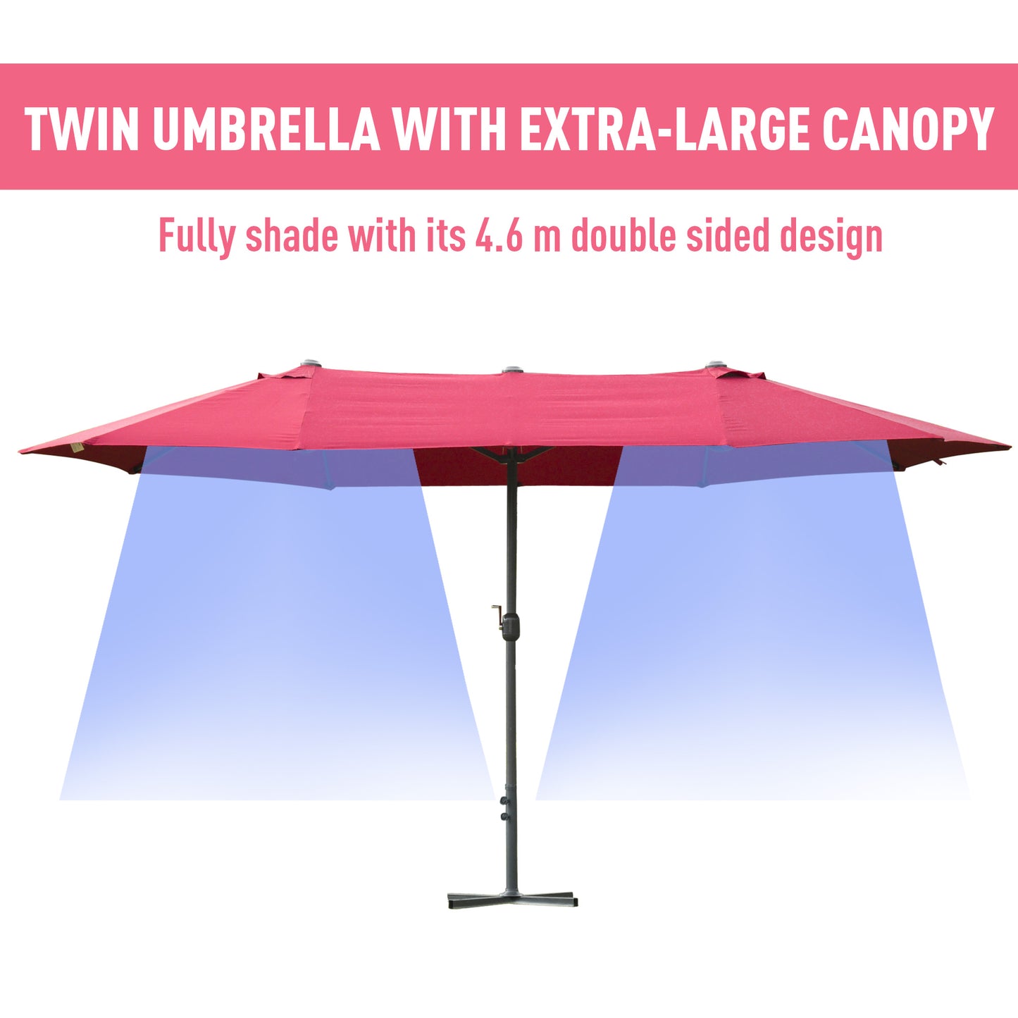 Outsunny 4.6M Sun Umbrella Canopy Double-sided Crank Sun Shade w/ Cross Base Wine Red