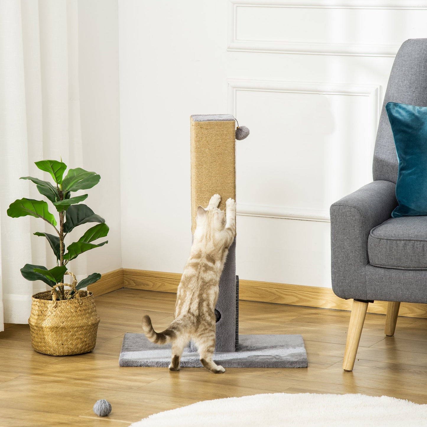 PawHut Cat Scratching Post, 79cm Tall Jute Scratcher Climber, Cat Tree Activity Center with Carpet Base, Dangling Ball, Grey w/ Ball Base