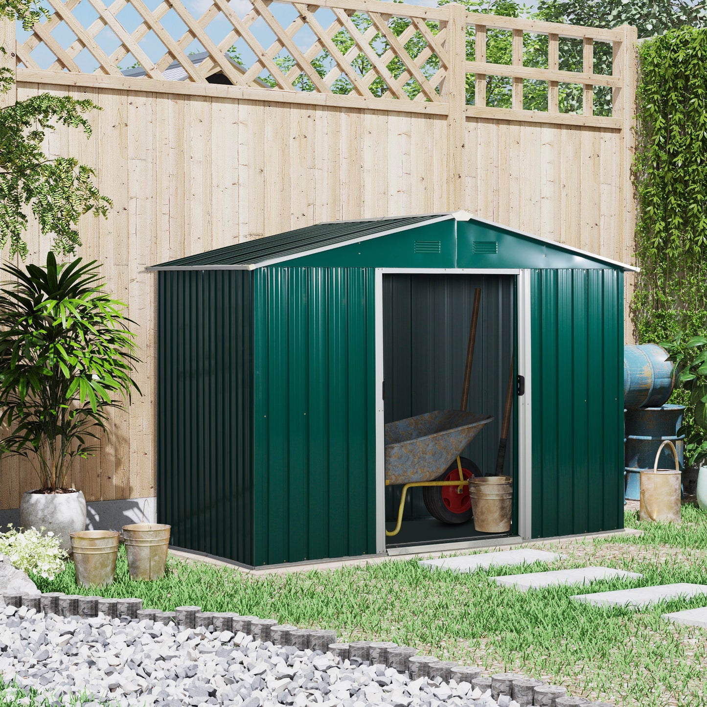 Outsunny 5.7 x 7.7ft Corrugated Steel Sliding Door Garden Shed - Green