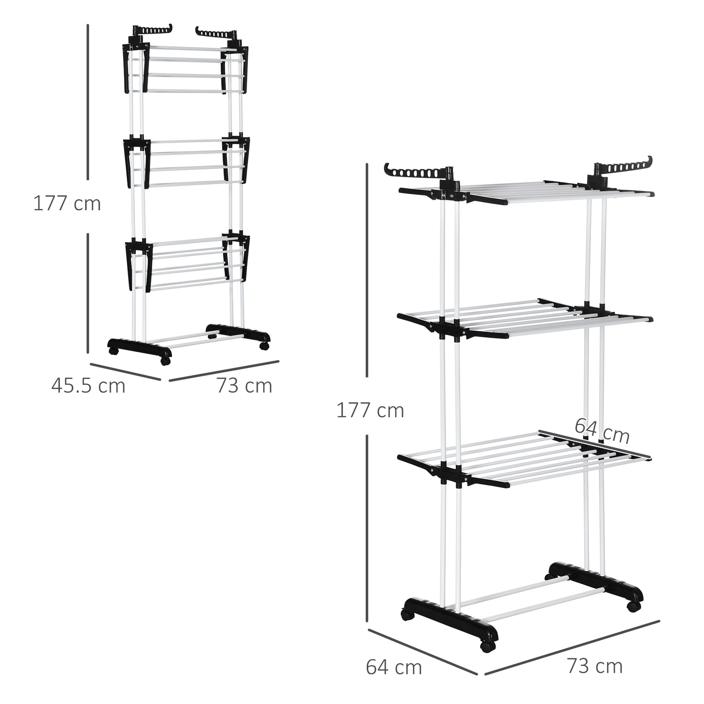 HOMCOM Foldable Clothes Drying Rack 4Tier Steel Garment Laundry Rack with Castors for Indoor and Outdoor Use Black
