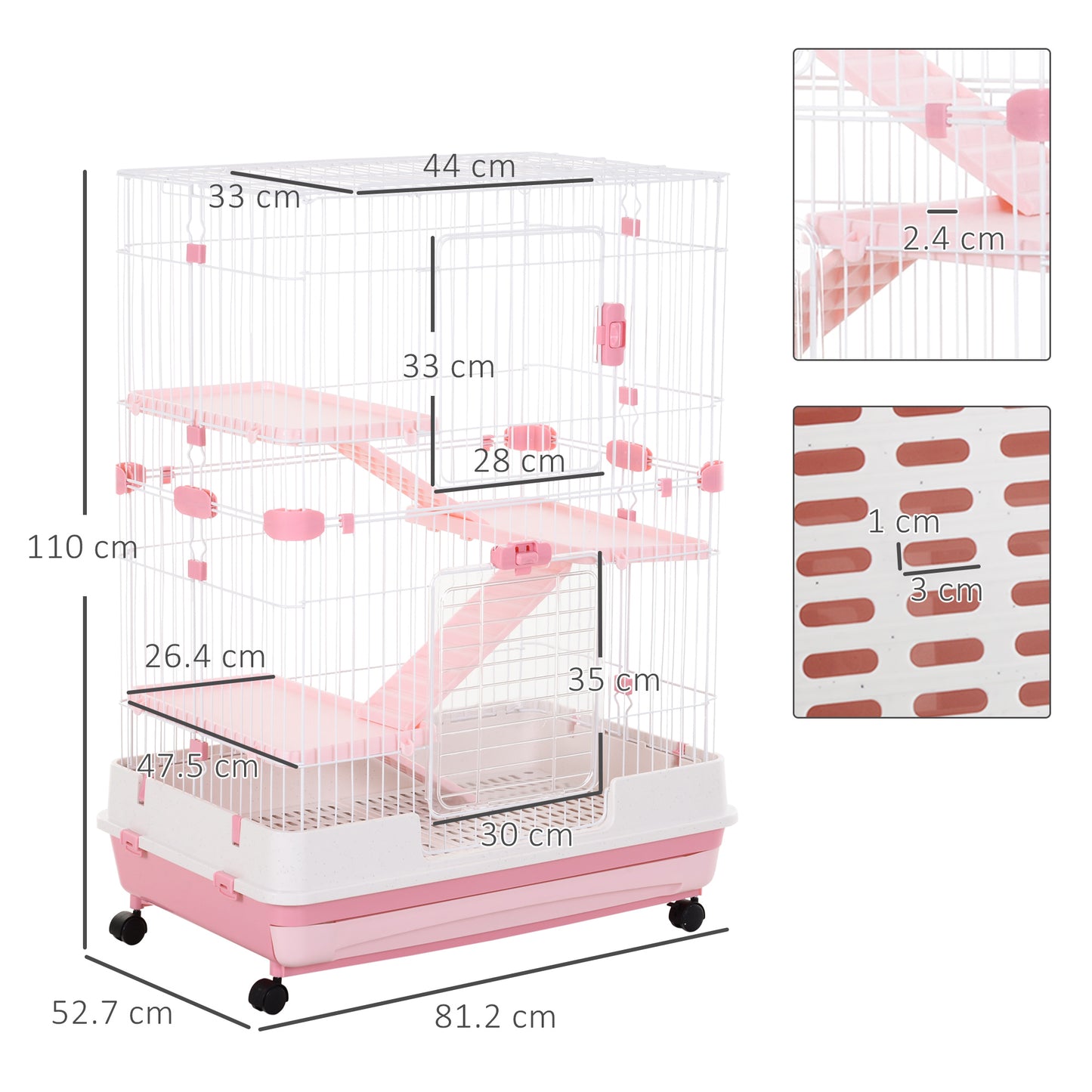 PawHut Four-Tier Small Animal Cage, for Bunnies, Ferrets, Chinchillas w/ Wheels, Tray, Pink