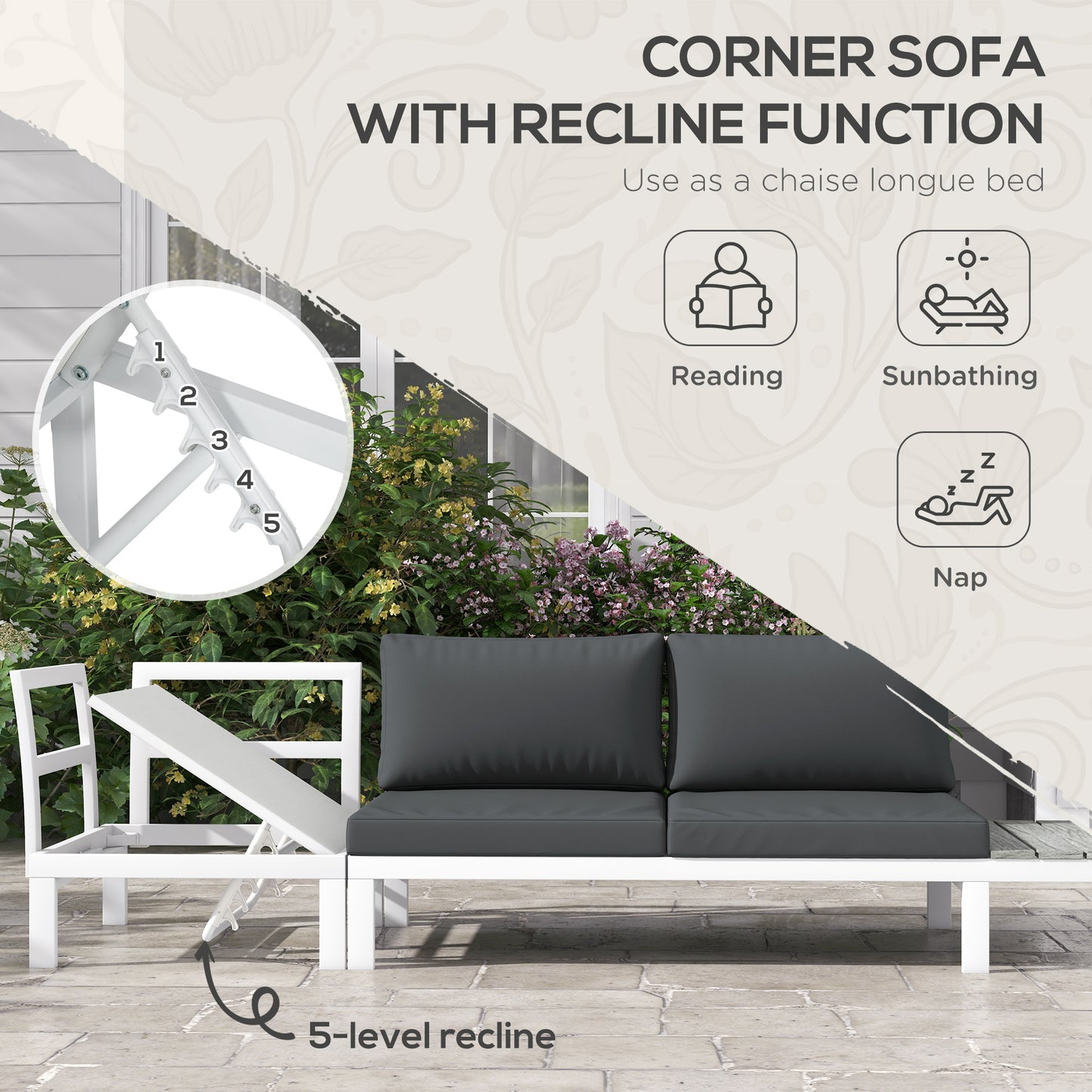 Outsunny 4 Pcs Patio Garden Set w/ 5-Level Recline Corner Sofa, Garden Lounge Sectional Conversation Sofa Set w/ Cushions, Coffee Table, White