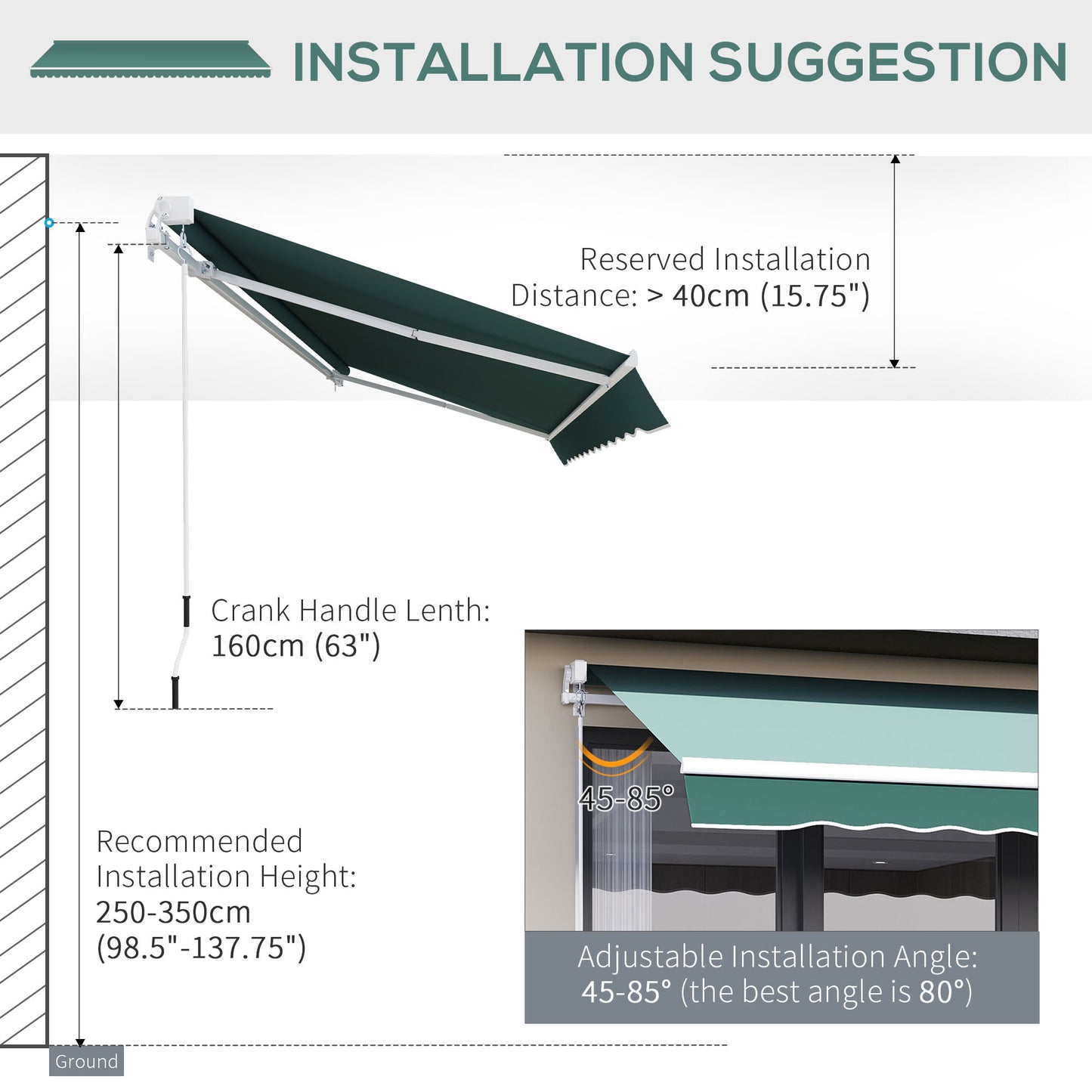 Outsunny Manual Retractable Awning, 2.5x2 m-Dark Green