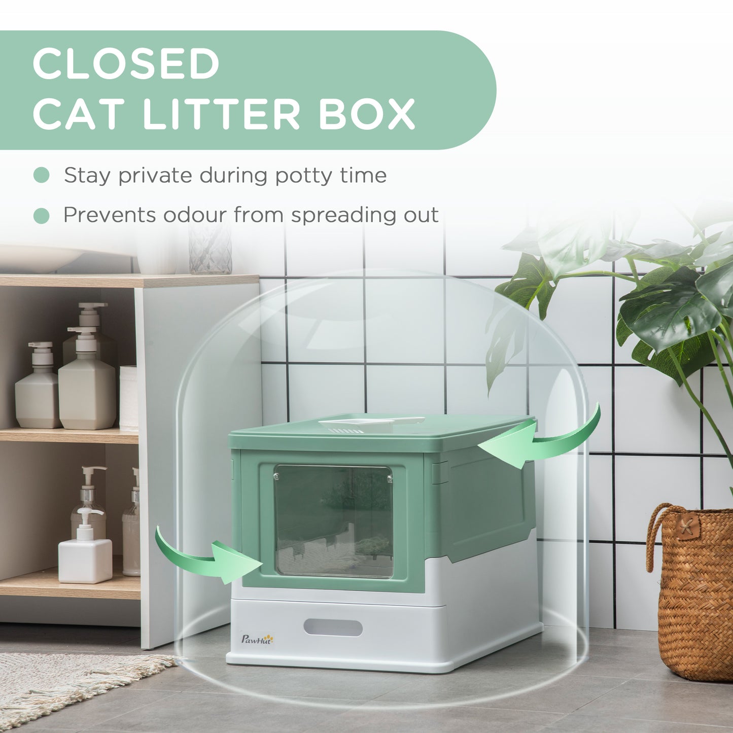 PawHut Hooded Cat Litter Box Scoop Included, Litter Tray with Front Entry Top Exit, Portable Pet Toilet with Large Space, Easy Assemble, 47.5 x 35.5 x 36.7 cm, Green