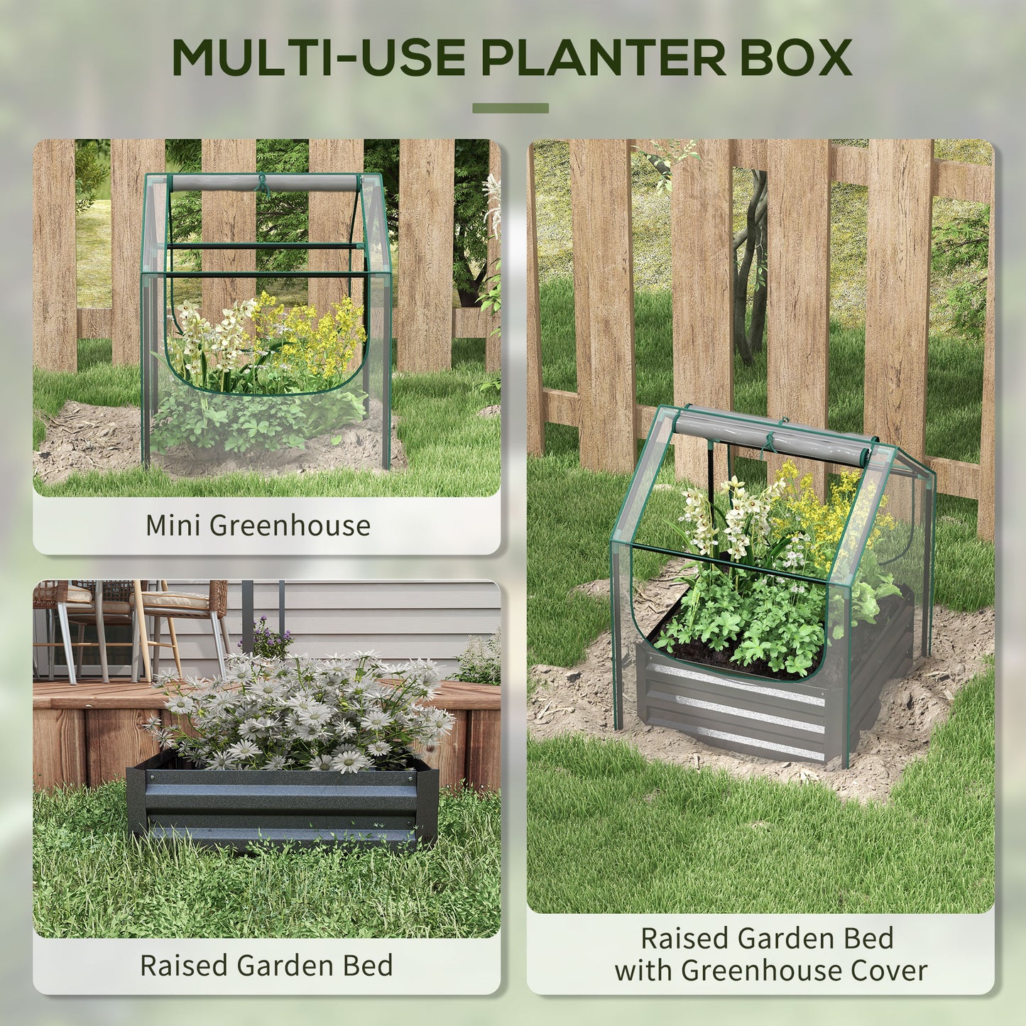 Outsunny Metal Planter Box with Cover Raised Garden Bed with Greenhouse for Herbs and Vegetables Clear and Dark Grey