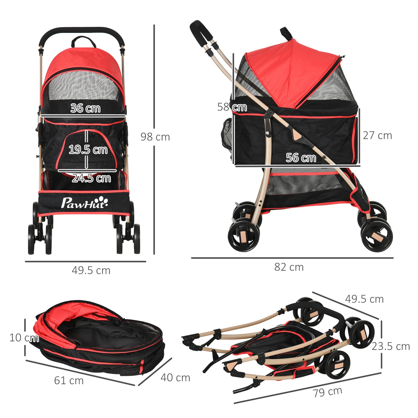 PawHut Detachable Pet Stroller, 3-In-1 Dog Cat Travel Carriage, Foldable Carrying Bag with Universal Wheel Brake Canopy Basket Storage Bag, Red