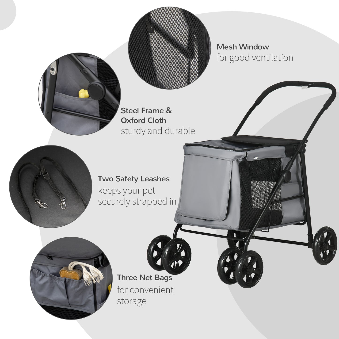 PawHut One-Click Foldable Pet Stroller, Dog Cat Travel Pushchair w/ EVA Wheels, Storage Bags, Mesh Windows, Doors, Safety Leash, Cushion, for Small Pets - Grey