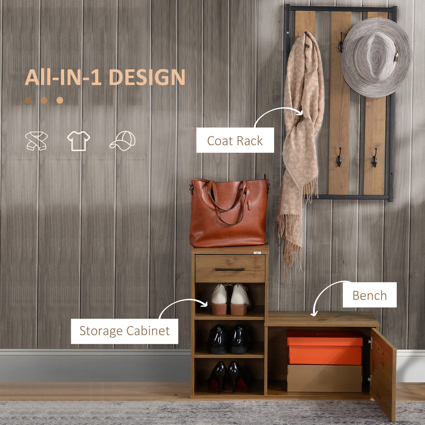 HOMCOM Coat Rack with Shoe Bench Set Black and Natural