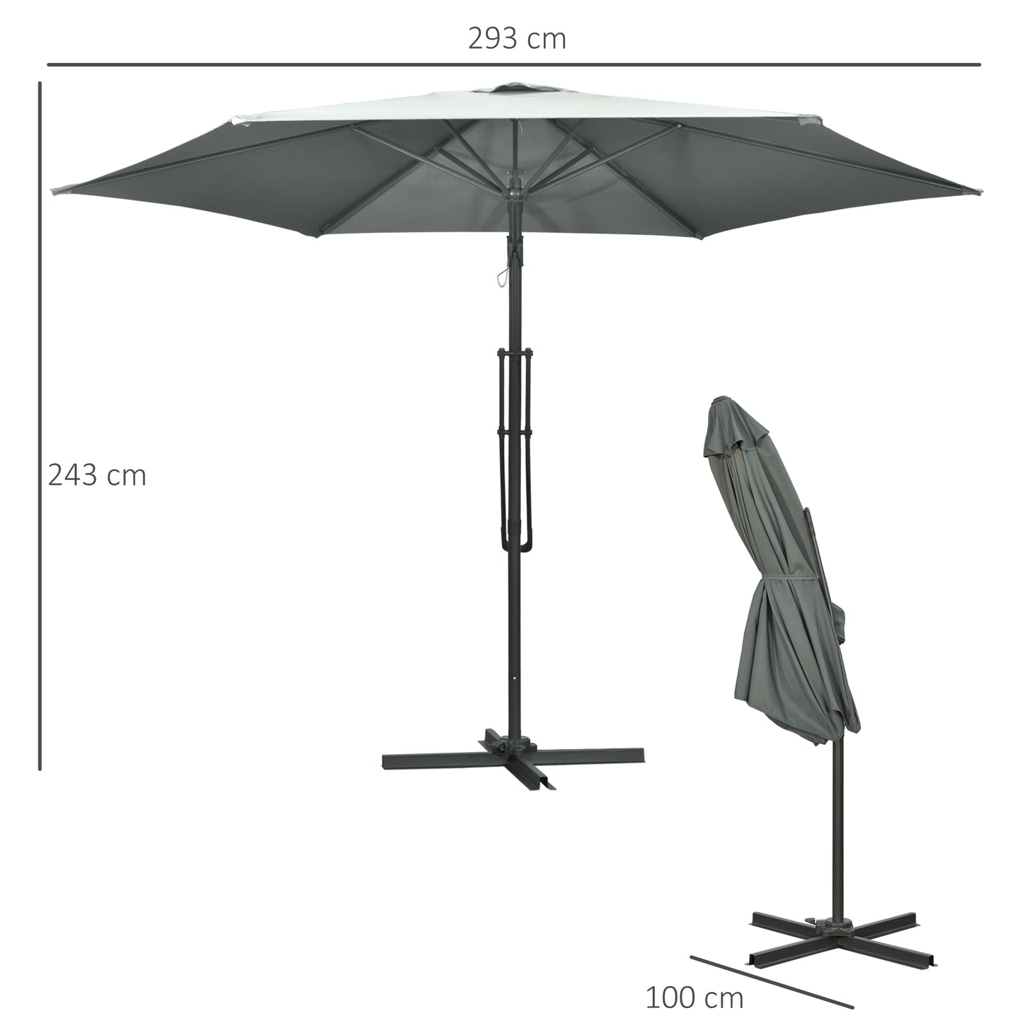 Outsunny 3m Cantilever Parasol with Easy Lever, Patio Umbrella with Crank Handle, Cross Base and 6 Metal Ribs, Outdoor Sun Shades for Garden, Grey