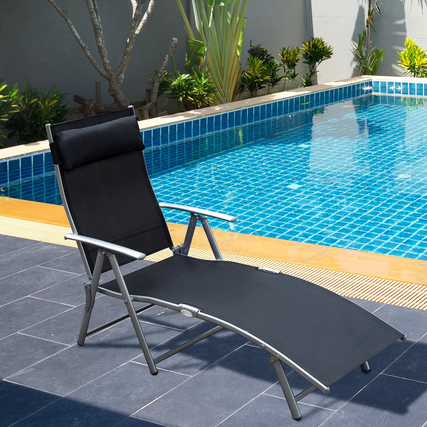 Outsunny Black Sun Lounger Recliner Pillow Foldable Garden 5 Levels Textilene