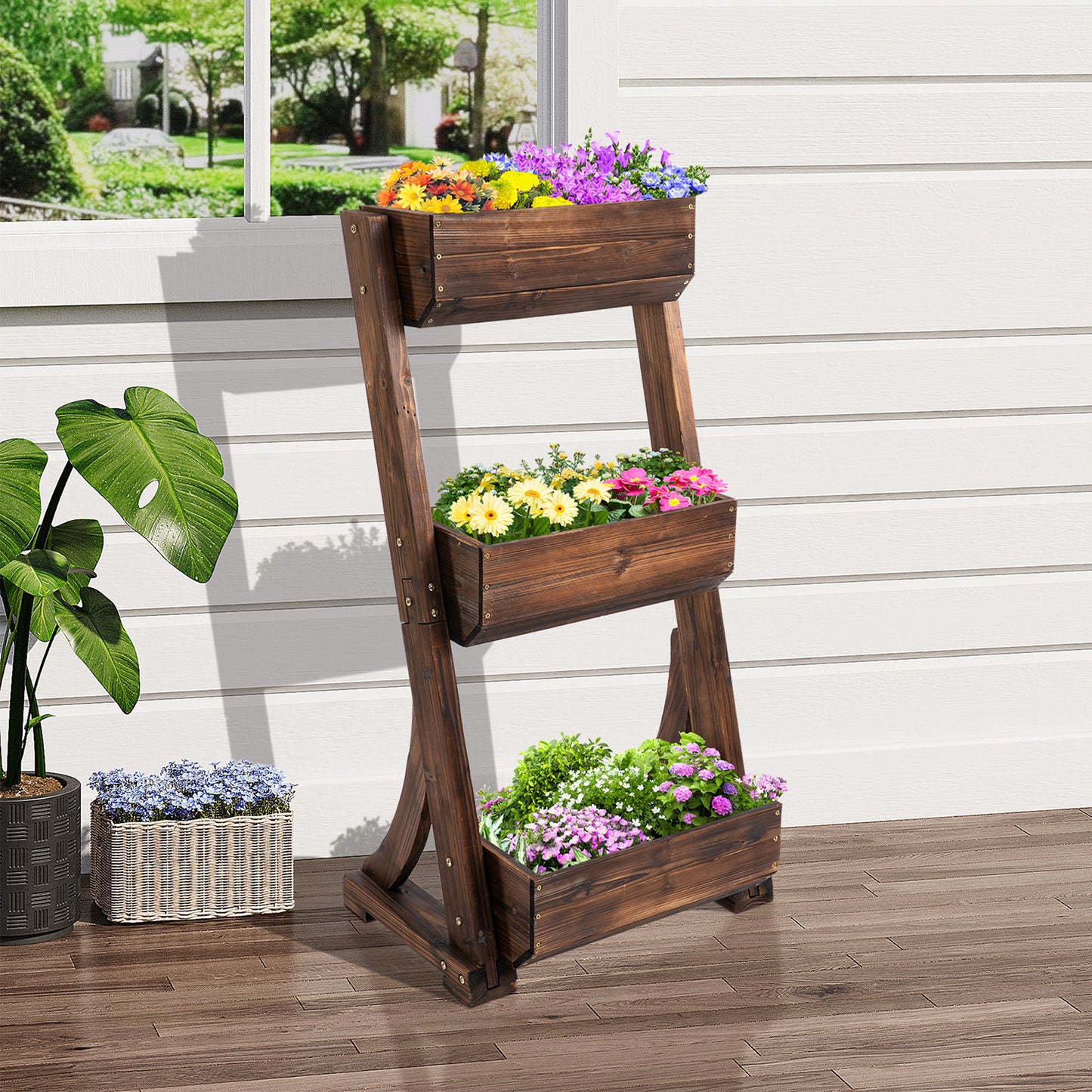 Outsunny 3-Tier Raised Garden Bed Freestanding Outdoor Vertical Wooden Flower Rack