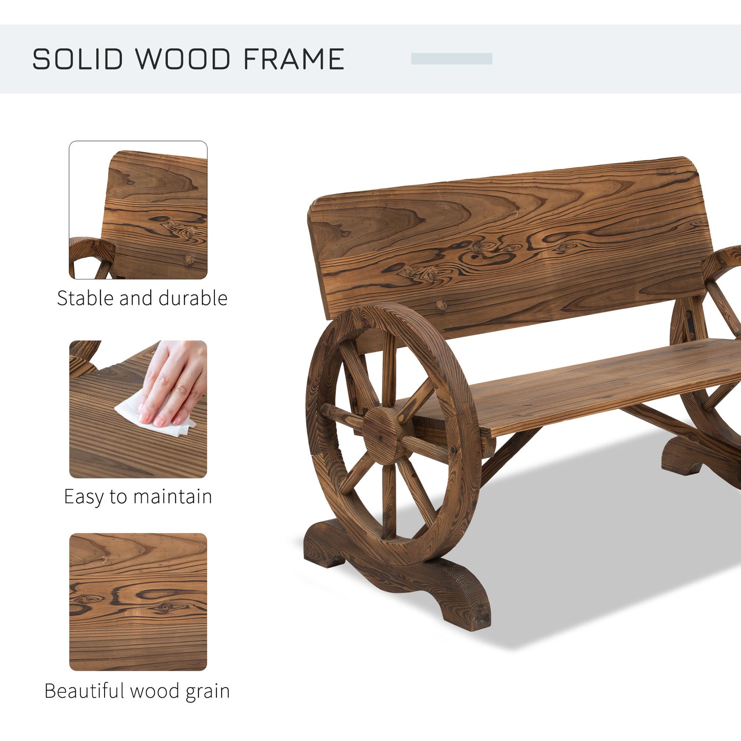 Outsunny Fir Wood 2-Seater Outdoor Garden Wagon Wheel Bench