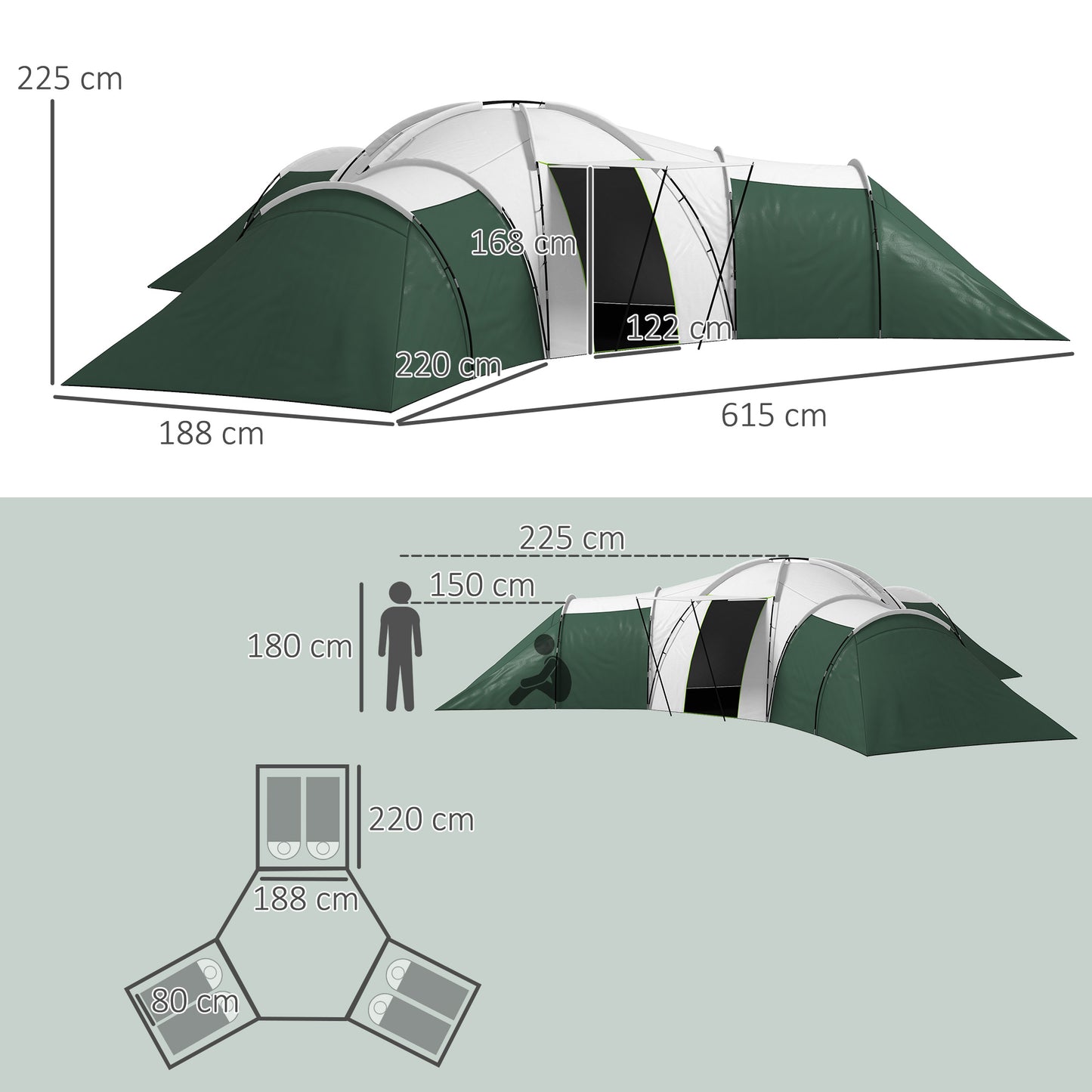 Outsunny 6-9 Man Tent with Bedrooms and Living Room, Accessories Included