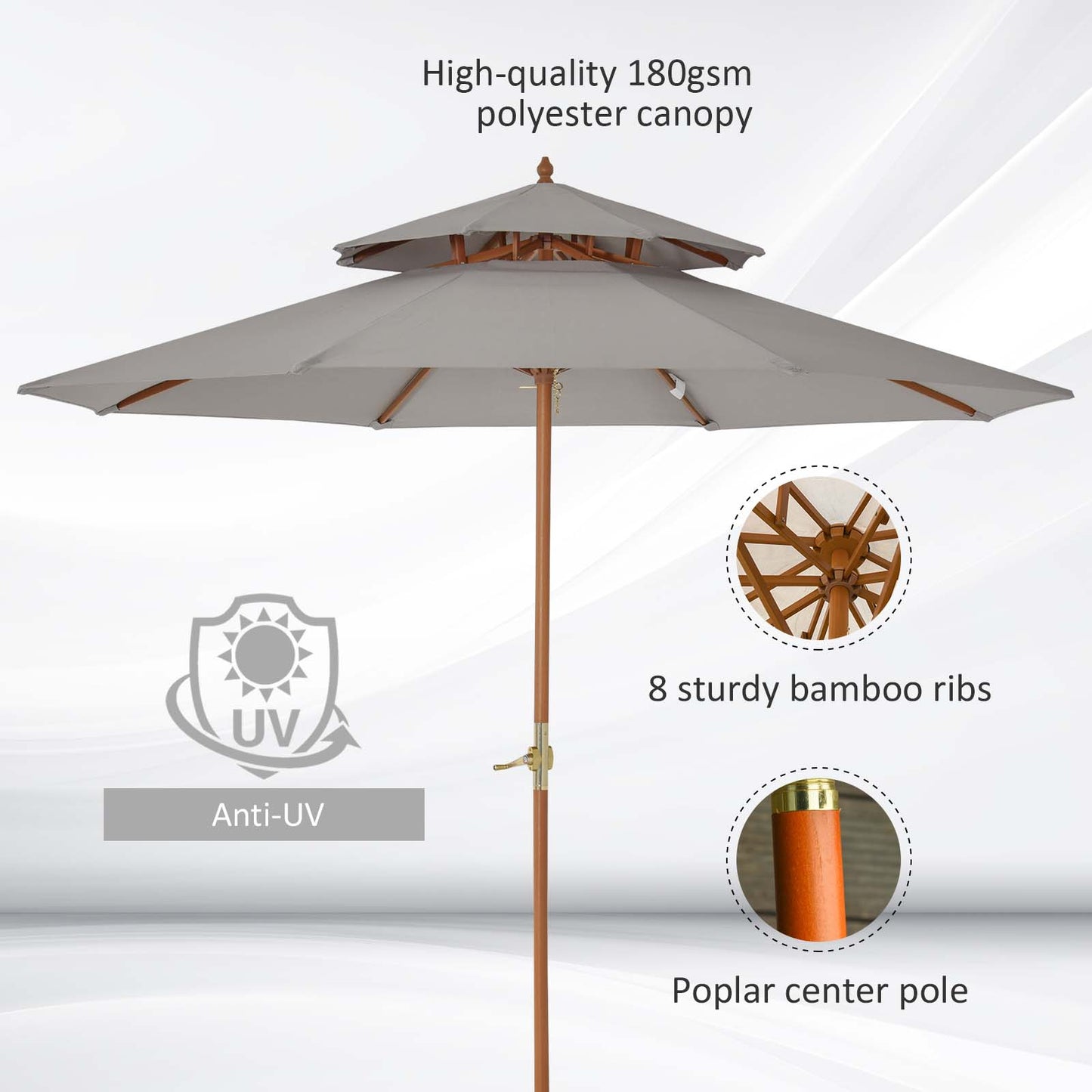 Outsunny 2.7 m Double Tier Outdoor Patio Garden Sun Umbrella Sunshade Wooden Parasol Grey Wood Shade Canopy