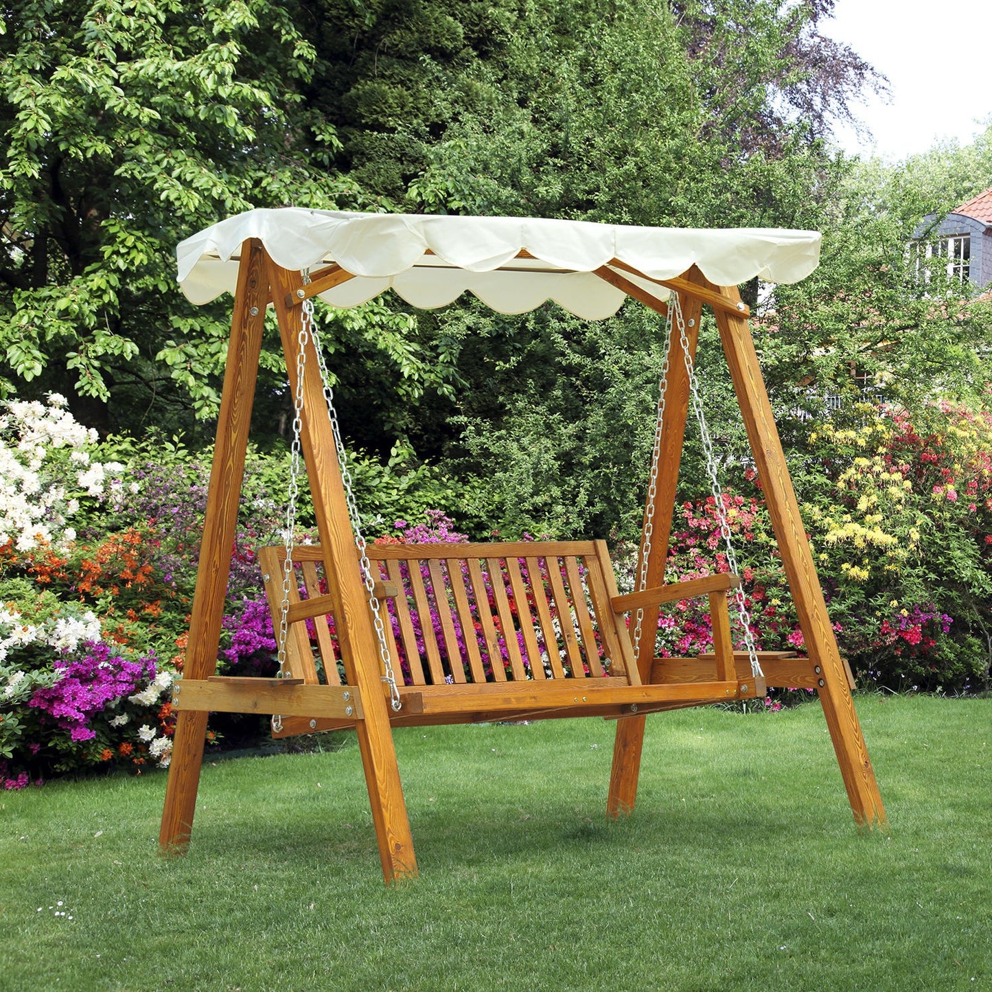Outsunny 2-Seater Wooden Garden Chair Hammock Furniture Swing Bench Lounger-Cream