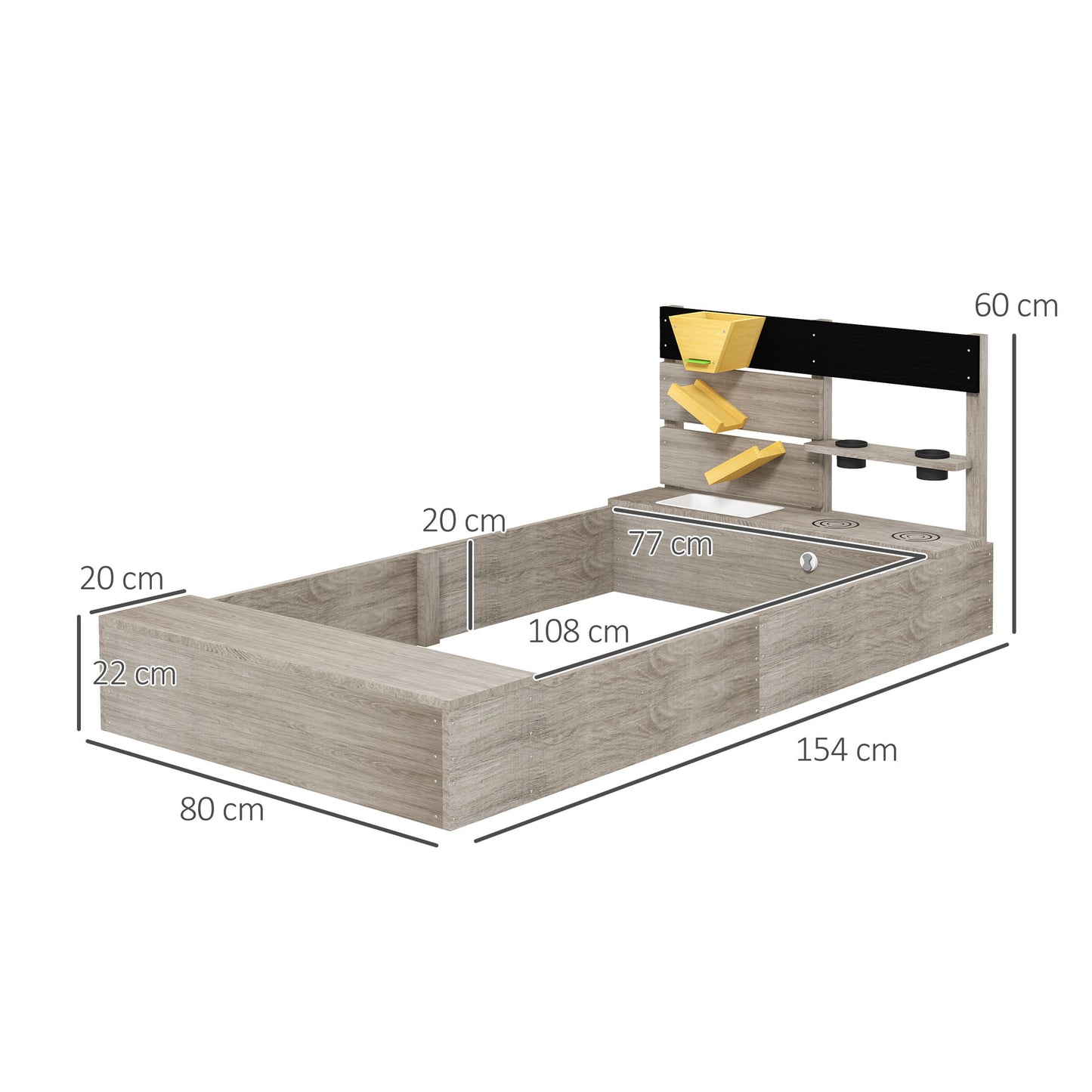 Outsunny Wooden Sand Pit with Liner, Pretend Hobs, Planting Boxes, Two Seats, for Ages 3-7 Years  - Grey
