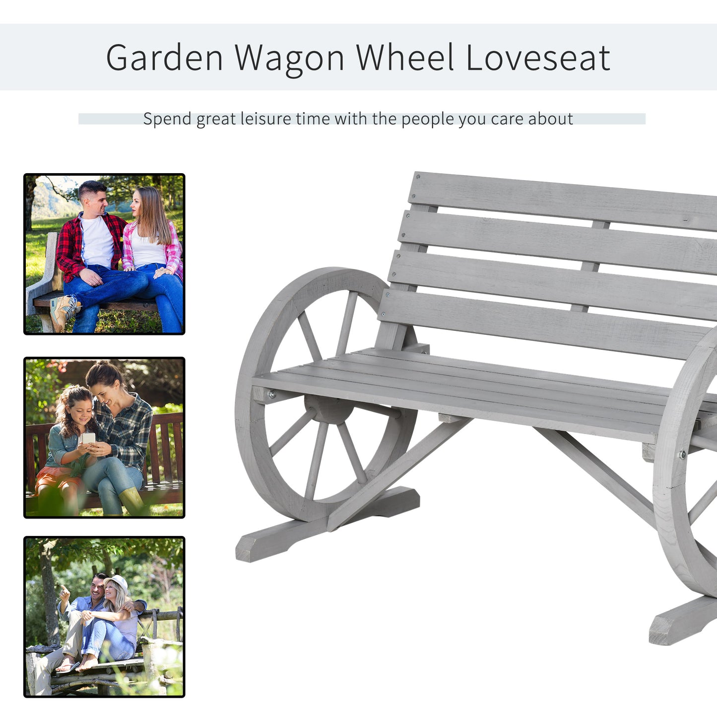 Outsunny Wooden Cart Wagon Wheel 2 Seater Garden Bench Outdoor Garden Armrest Chair Rustic High Back Loveseat Grey