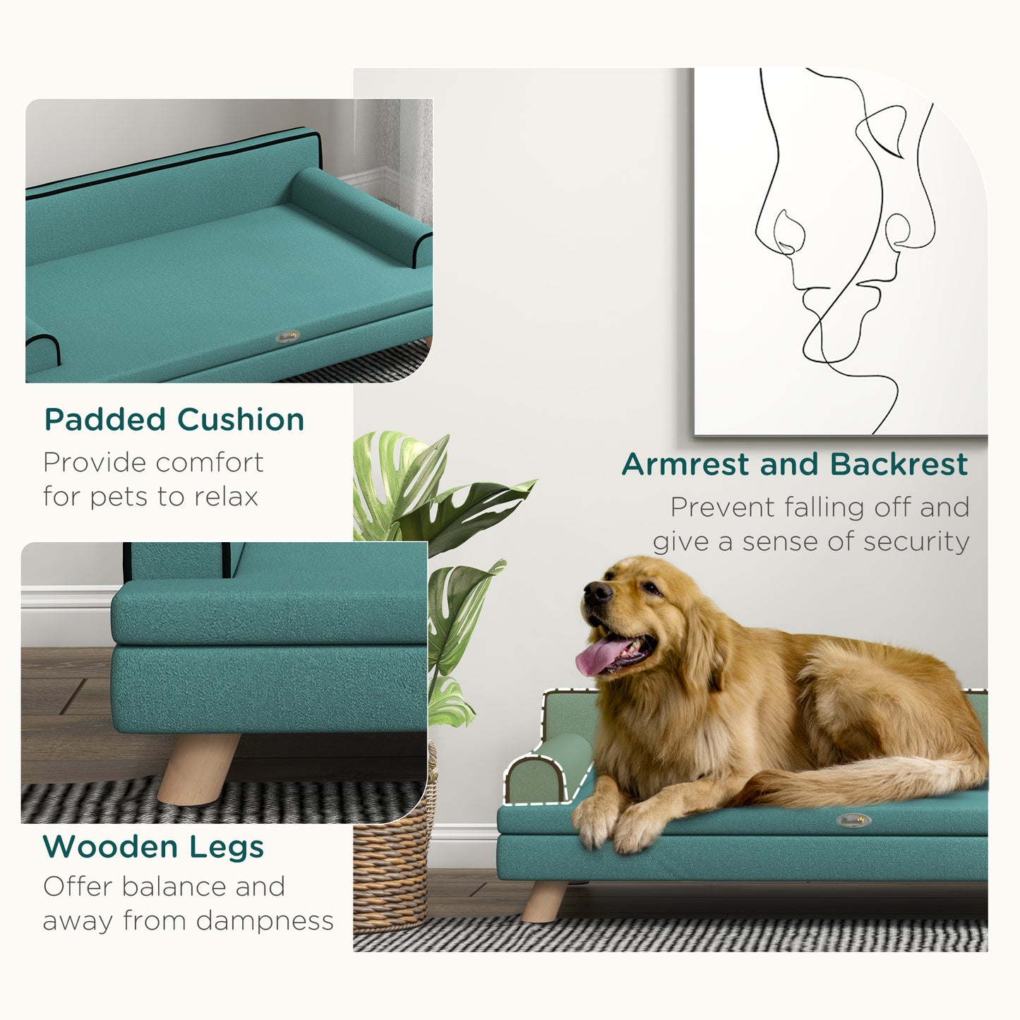 PawHut Dog Sofa with Legs Water-resistant Fabric, Pet Chair Bed for Large, Medium Dogs, Green, 100 x 62 x 32 cm