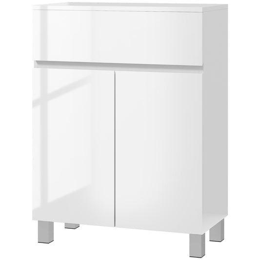 kleankin Freestanding Bathroom Cabinet High Gloss Storage Cabinet with Doors and Adjustable Shelf 60 x 30 x 80 cm White