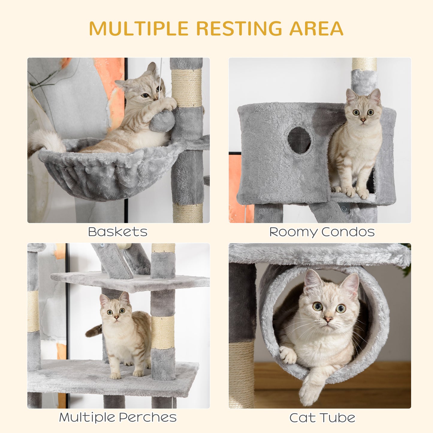 PawHut Floor to Ceiling Cat Tree for Indoor Cats 240-260cm Adjustable Height Light Grey