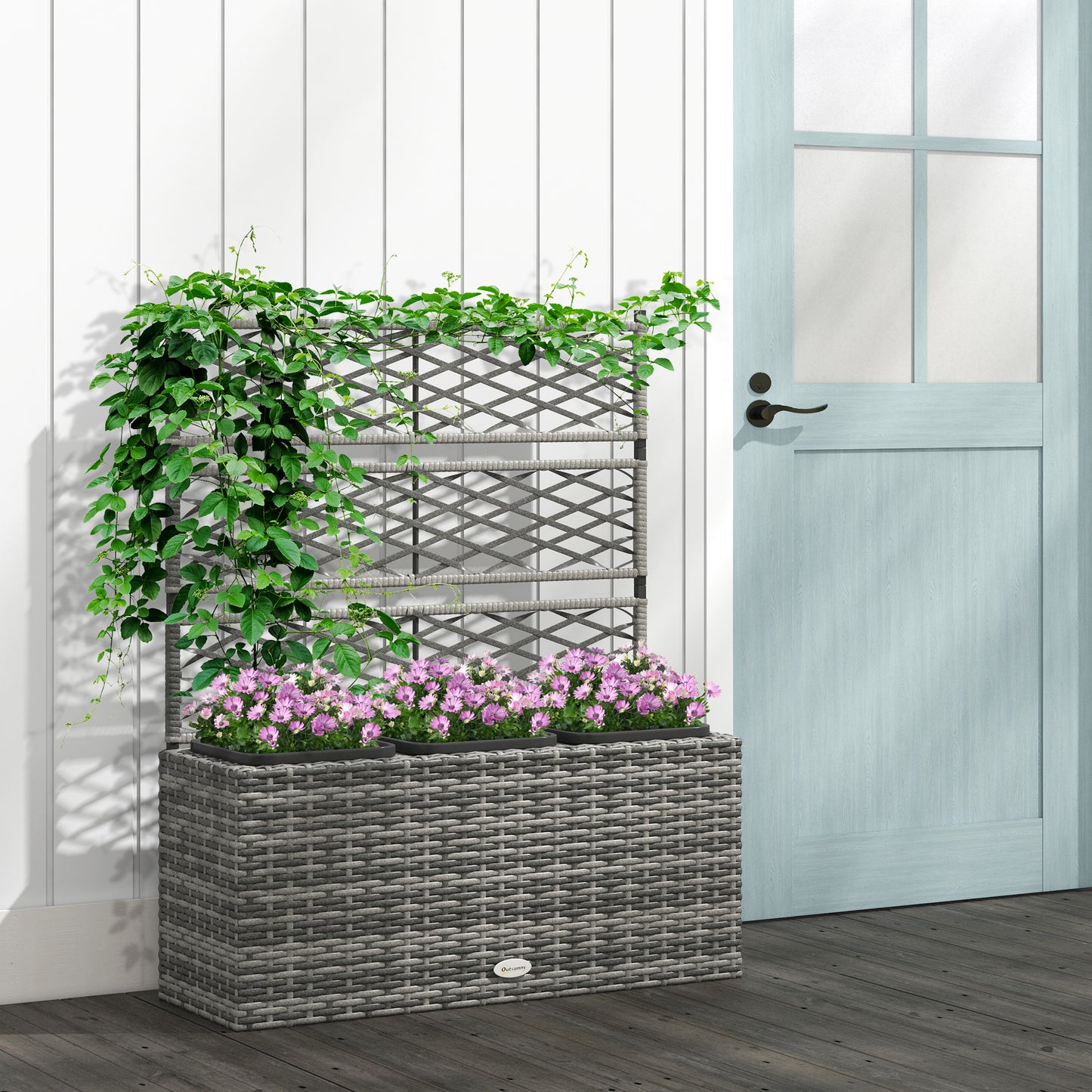 Outsunny 33L Garden PE Rattan Planter w/ Trellis, Free Standing Flower Raised Bed, Garden Planter for Climbing Plants, 84 x 30 x 107cm, Light Grey