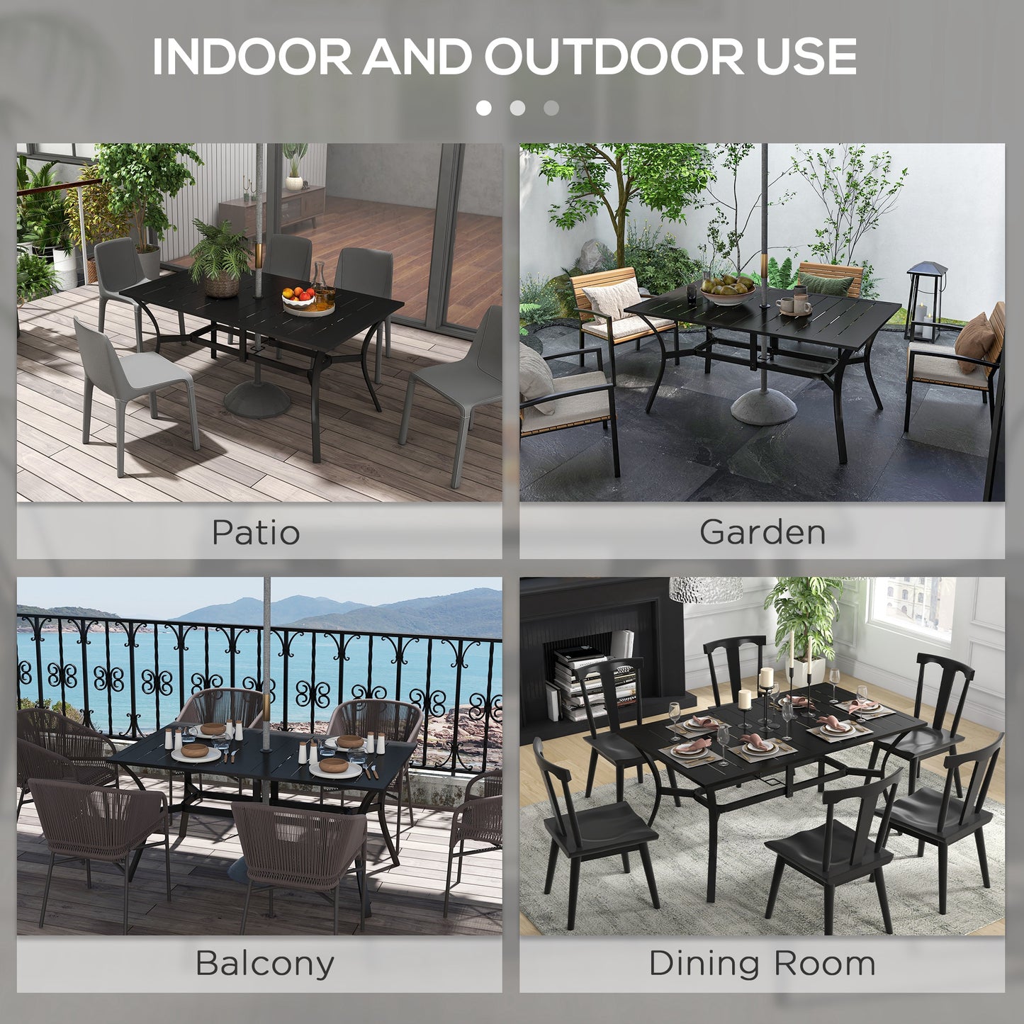 Outsunny Rectangle Garden Dining Table with Parasol Hole, Patio Table with Steel Frame and Slat Tabletop, 150cm x 90cm, Black